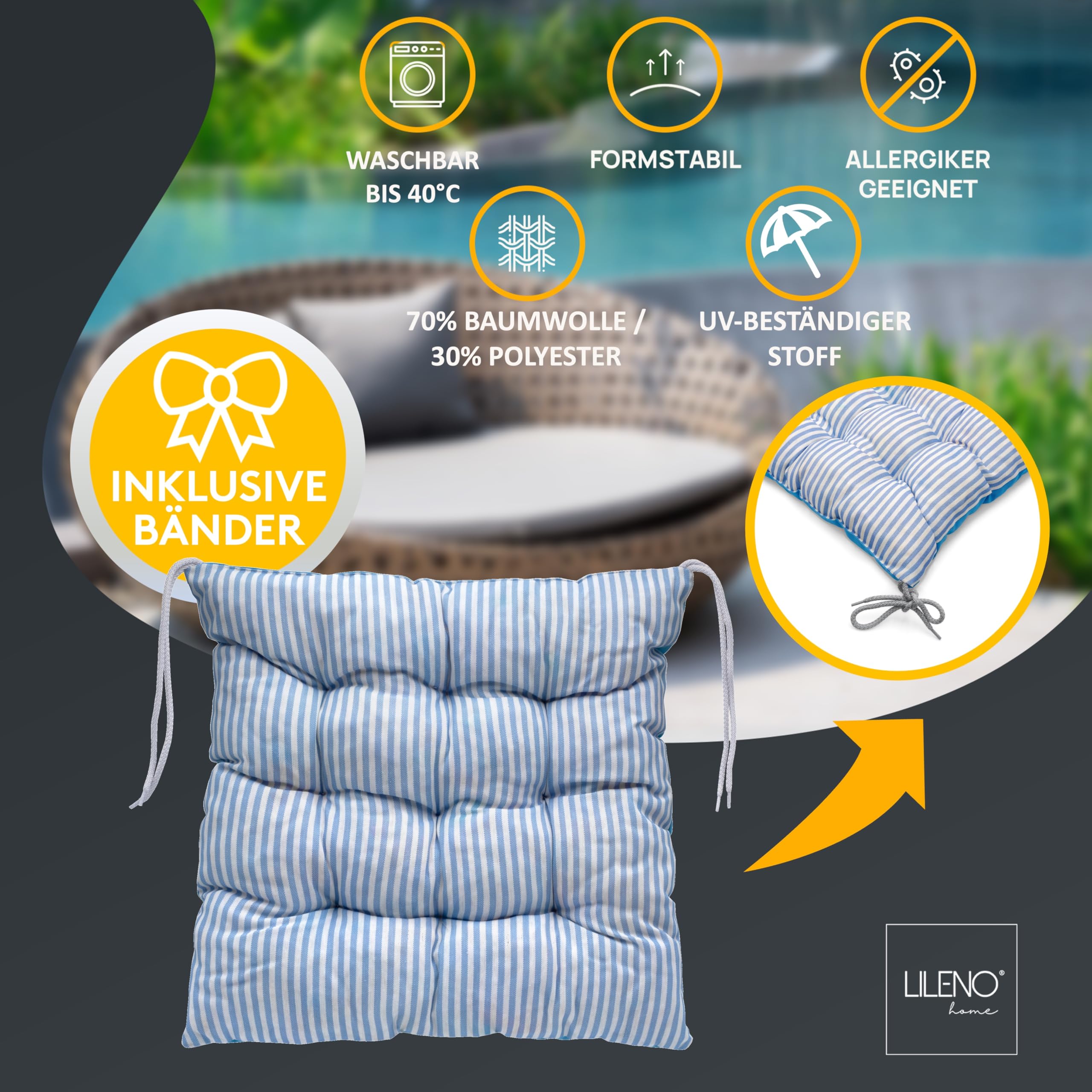 LILENO HOME Set van 1 stoelkussen, rood, 38 x 38 x 8 cm, zitkussen voor tuin-, keuken- of eetkamerstoel, comfortabel, uv-bestendig, voor binnen en buiten, als stoelkussen