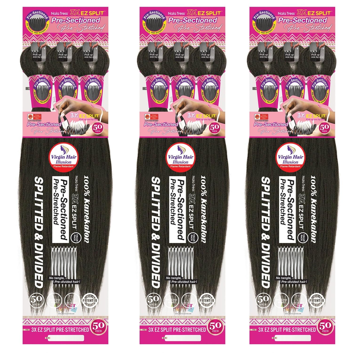 MULTI-PACK DEAL 3PACK! Janet Collection Nala Tress 3X EZ SPLIT Pre-Sectioned Pre-Stretched Braid Knotless Extremely light weight Premium Fiber 50inches 9Bundles