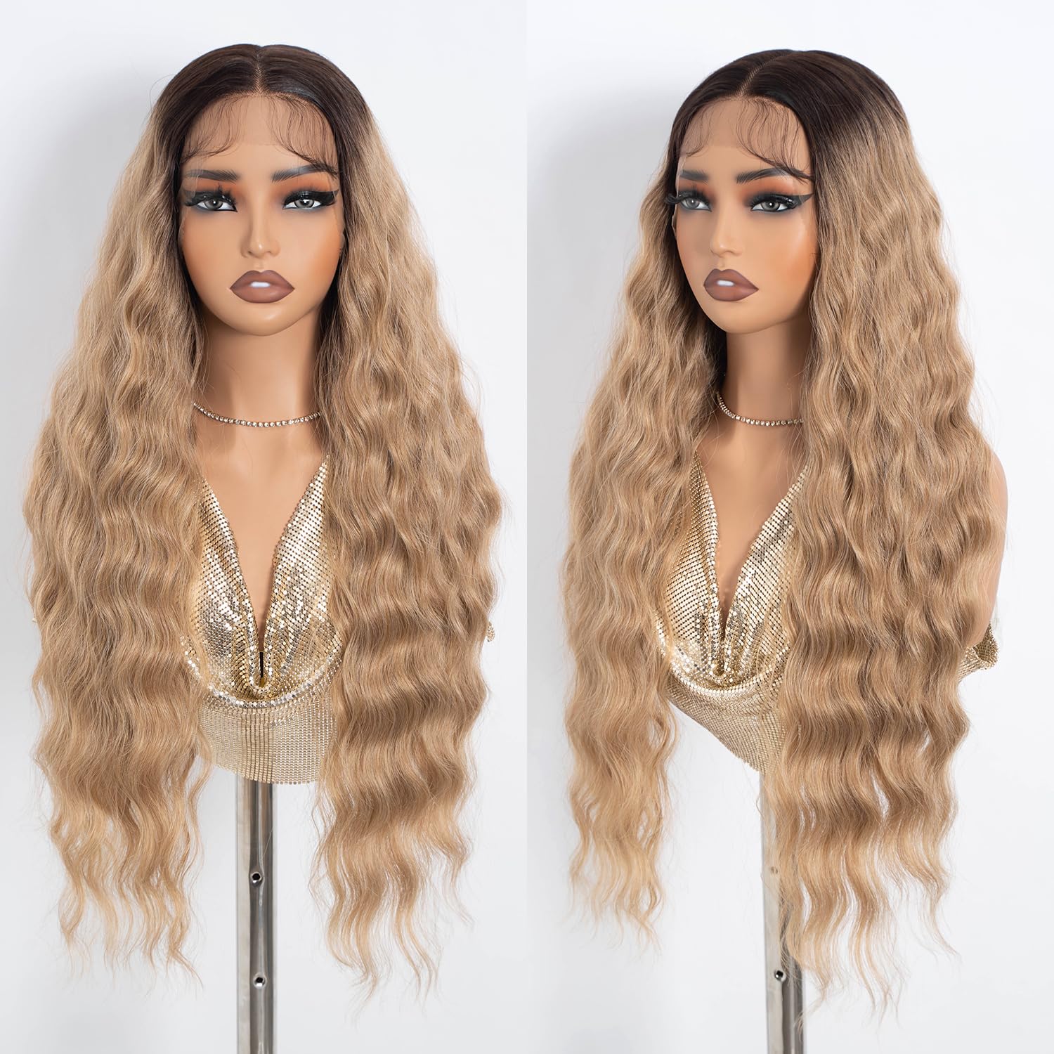 NOBLE Ombre Brown Lace Wig for Women Long Wavy Lace Front Wig 30-Inch Middle Part Natural Hairline Synthetic Lace Wavy Curly Heat Resistant Fiber Wigs