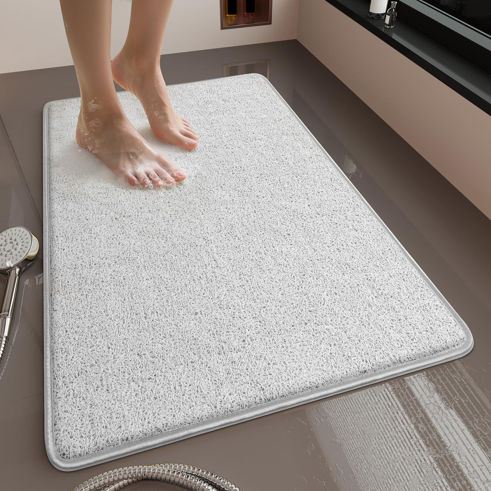Muecleao Loofah Shower Mat, Non Slip Anti Mould Bath Mats with Reinforced Edge for Inside Shower, Washable Antibacterial Soft PVC Bath Mat with Drain (White, 80 x 50 cm (Rectangular)) โ image 1