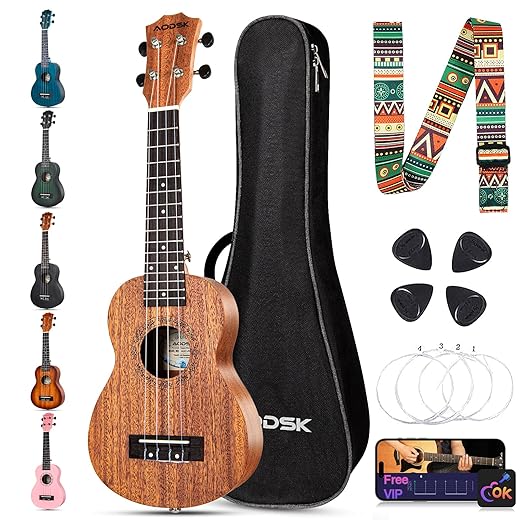 AODSK Soprano Ukulele for Beginner 21 Inch Ukelele with Gig Bag Strap Nylon String 4 Picks Holiday Gift