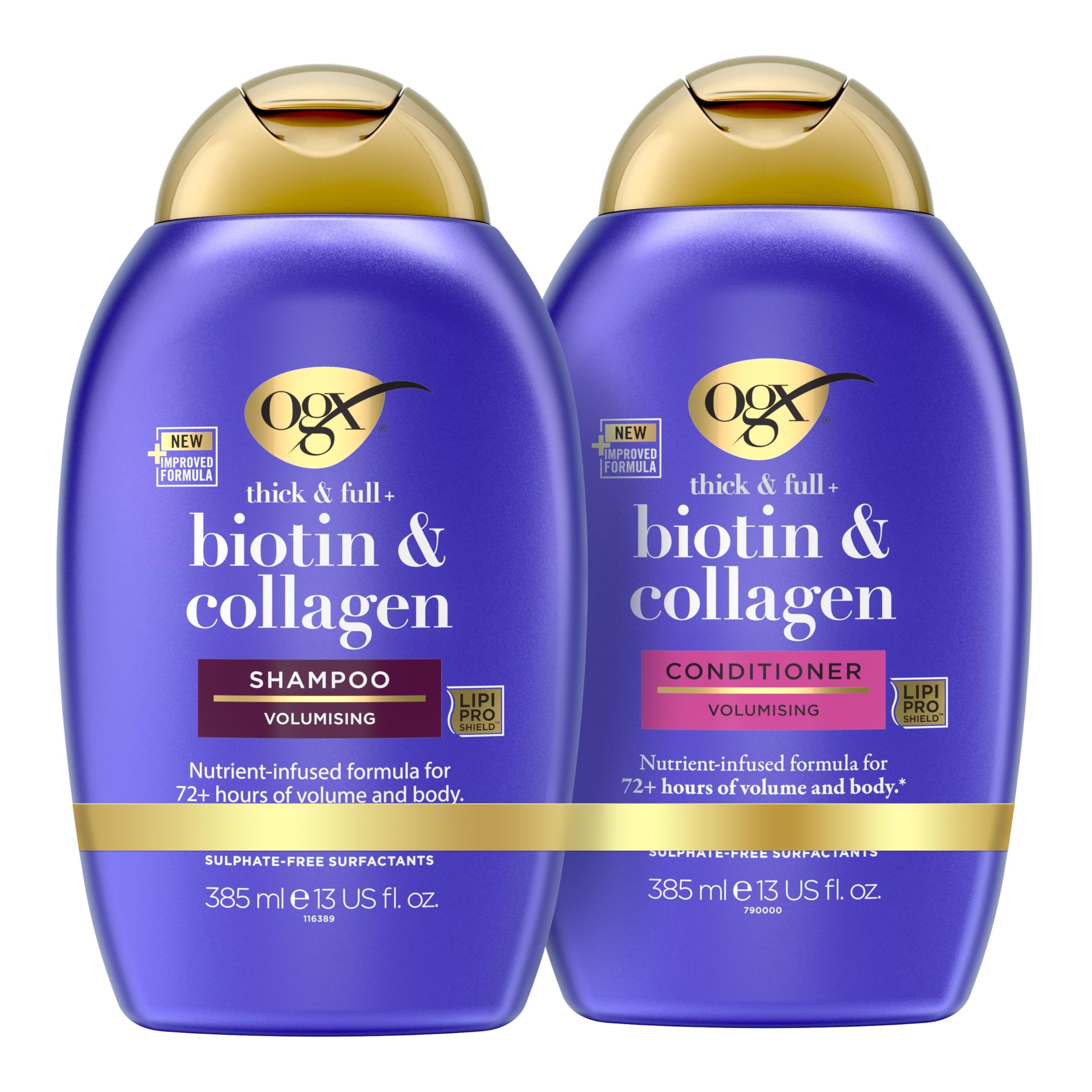 OGX Thick & Full Biotin & Collagen Conditioner + Shampoo, Nutrient Rich Hair Care, Sulphate Free, 2 x 385 ml, for Fine & Thin Hair, with Biotin, Collagen & Wheat Proteins
