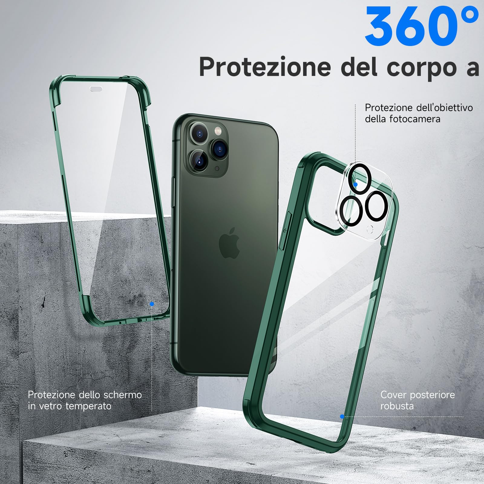 seacosmo Cover per iPhone 11 Pro, [9H HD] con Vetro Temperato Integrato Schermo, Pellicola Fotocamera, 360 Gradi Antiurto Protezione Fronte Retro Rugged Custodia Slim Doppia Faccia Case - Verde
