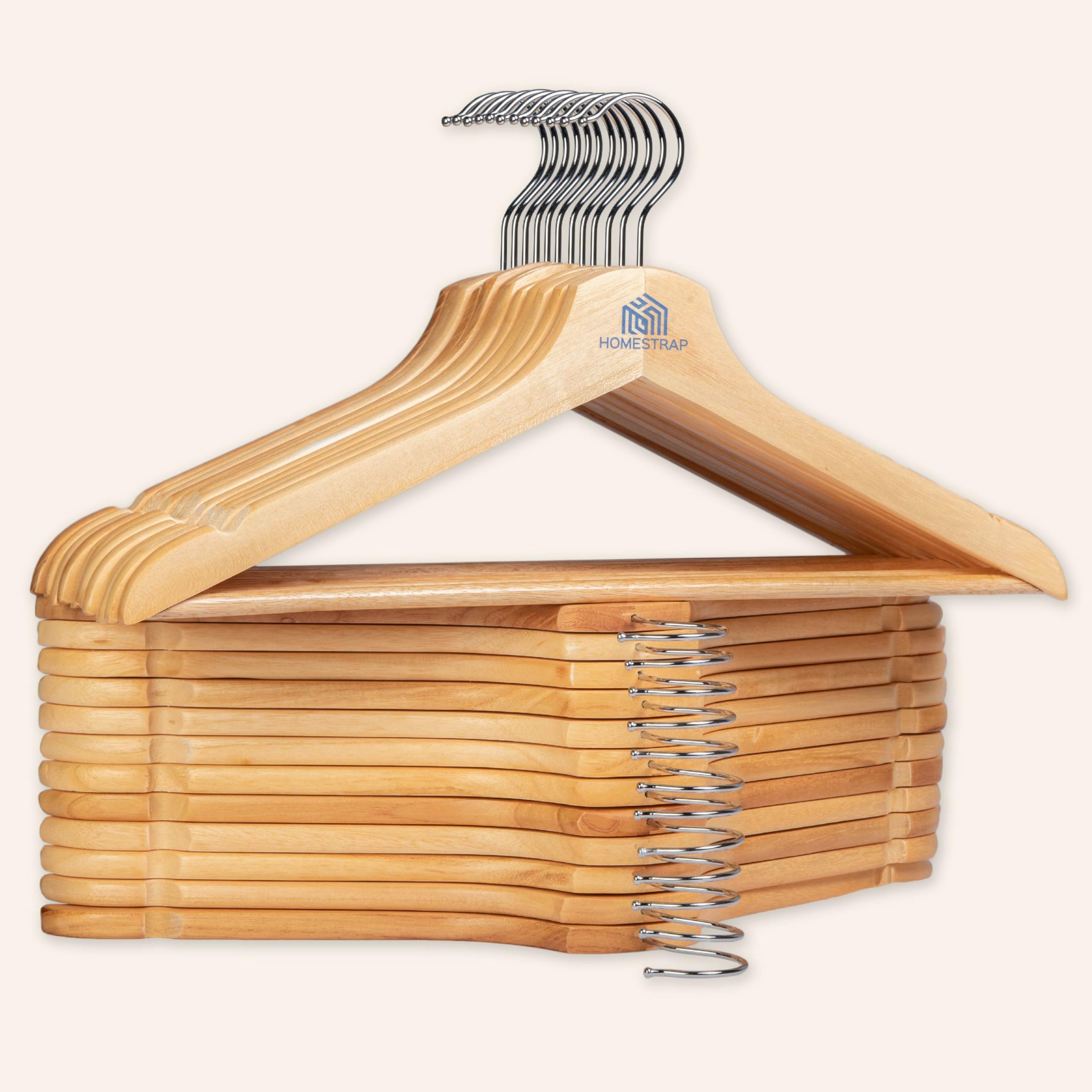 Homestrap Premium Round Bar Wooden Hanger (Pack of 24)| Durable Wooden Garment Hangers with Cut Notches & 360 Degree Swivel Chrome Hook for Hanging Heavy Clothes