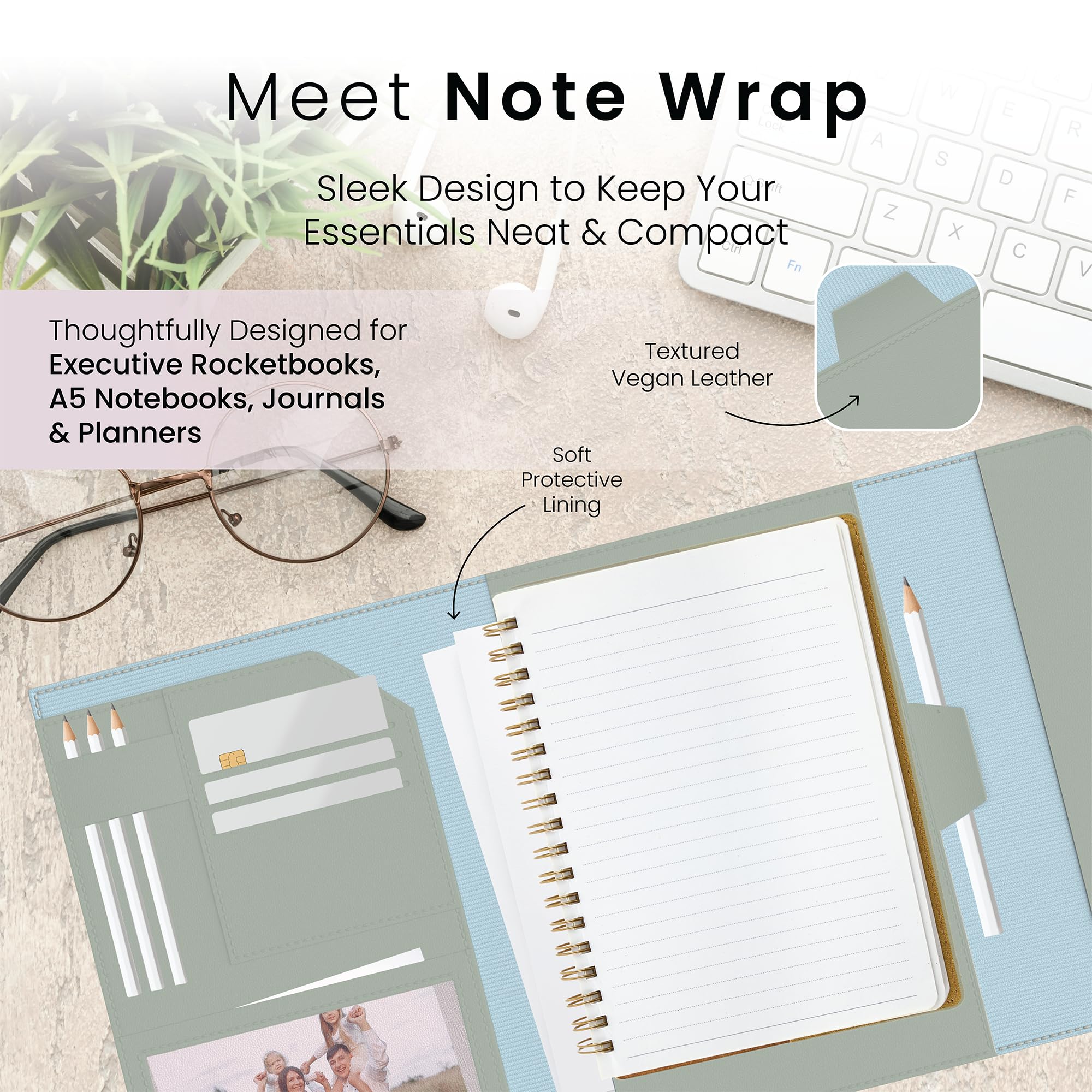A5 Notebook Cover for Rocketbook Planner & Journal, Slim Vegan Leather Folio with Pen Loop, Card Slots & Pockets - Image 2
