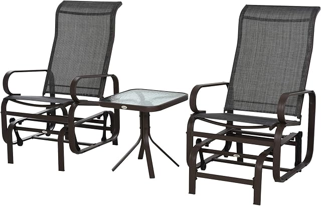 Outsunny 3 PCs Metal Outdoor Gliding Rocking Chair With Tea Table Patio Garden Comfortable Swing Chair Brown