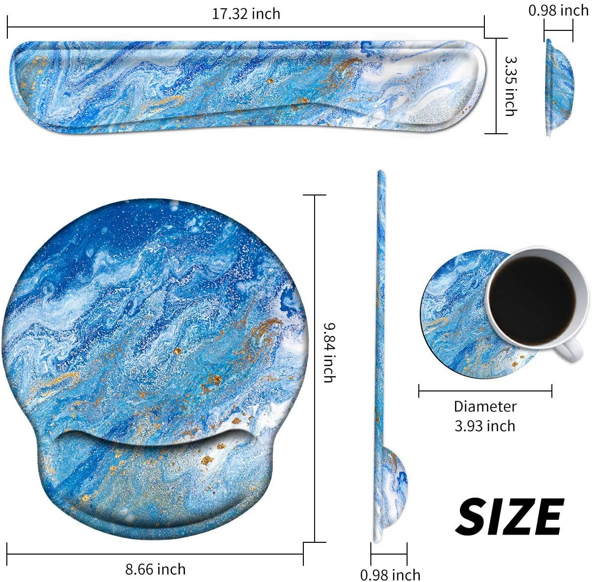 Wrist Rest for Computer Keyboard and Mouse Pad with Wrist Support Gel, Blue Ocean Ergonomic Mousepad Comfortable Keyboard Pad Set Non-Slip Base Come with A Cute Coaster