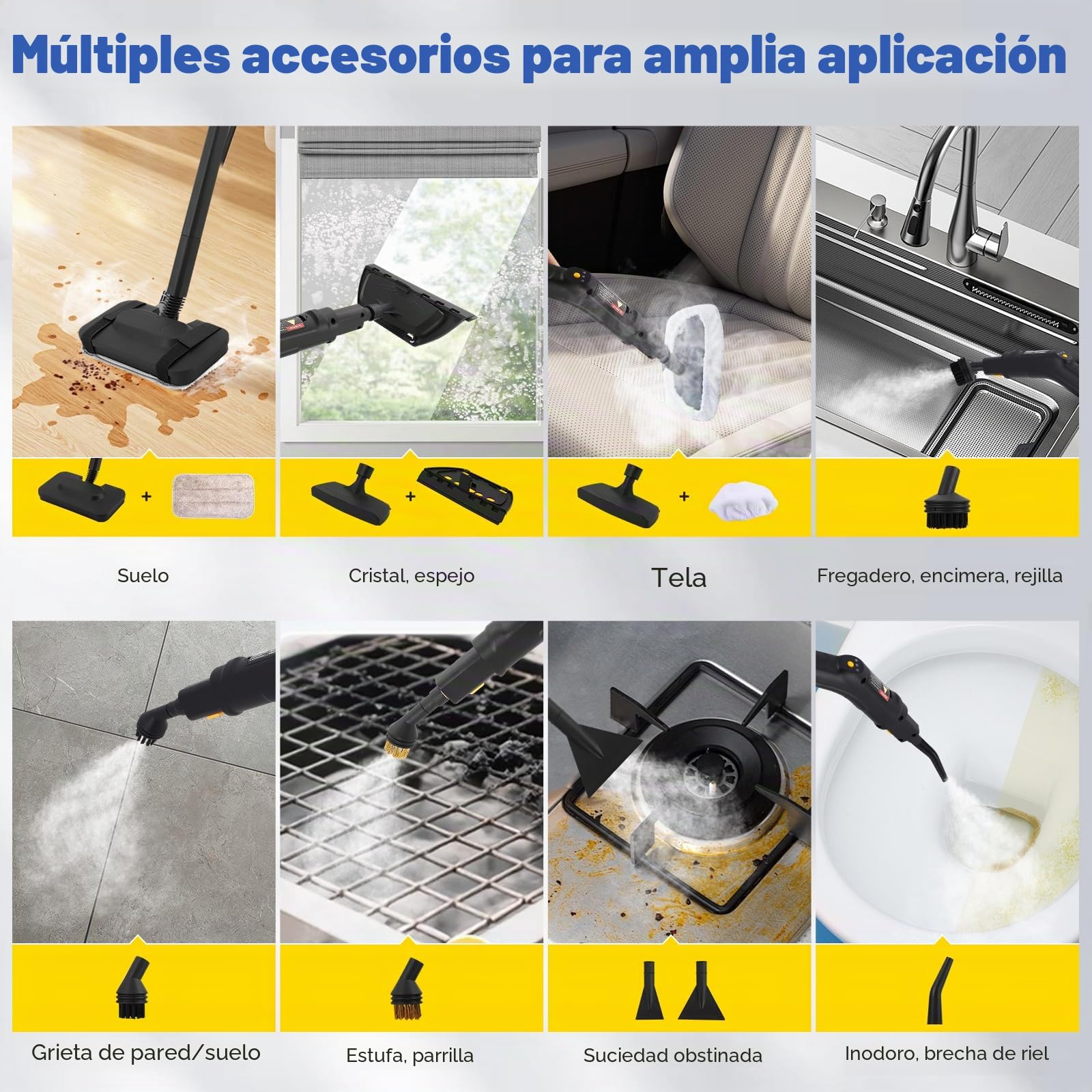 Limpiador de vapor, Molina de vapor de 2500W para limpieza, Dispositivo portátil de limpieza de vapor para el hogar, Limpiador de vapor de coche con controlador(amarillo)