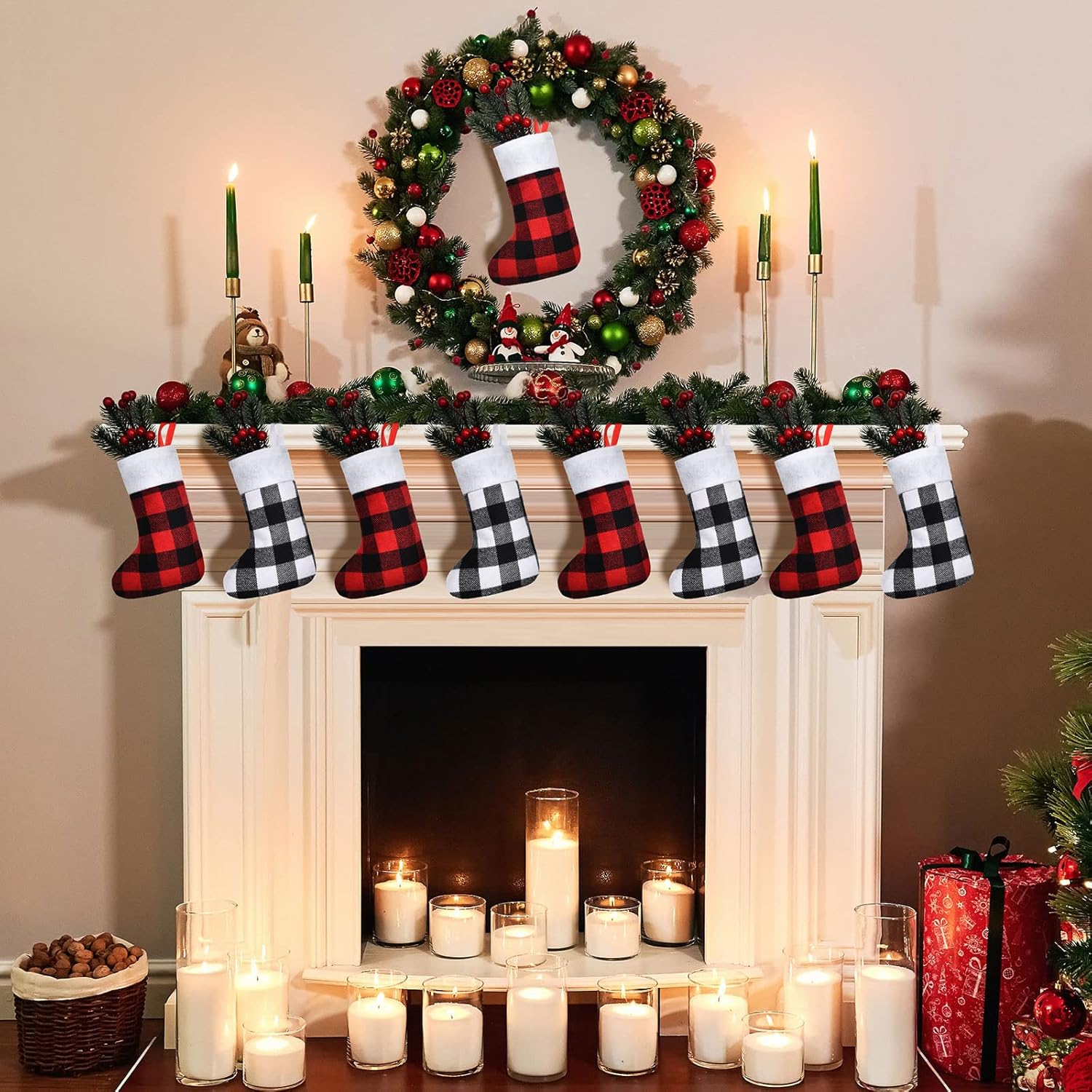Skylety 24 Pcs Christmas Stockings Bulk Mini Xmas Buffalo Plaid Stocking Plush Cuff Hanging Decorations for Holiday Party Favors