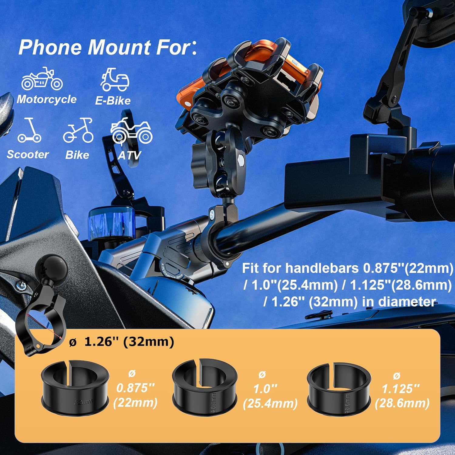 Anti-Theft Motorcycle Phone Mount with Vibration Dampener [Metal Adjustment Arm] Aluminum Alloy Mounting Base, Anti-Shake Motorcycle Cellphone Holder for ATV Scooter for 5.4"-6.9" Phones