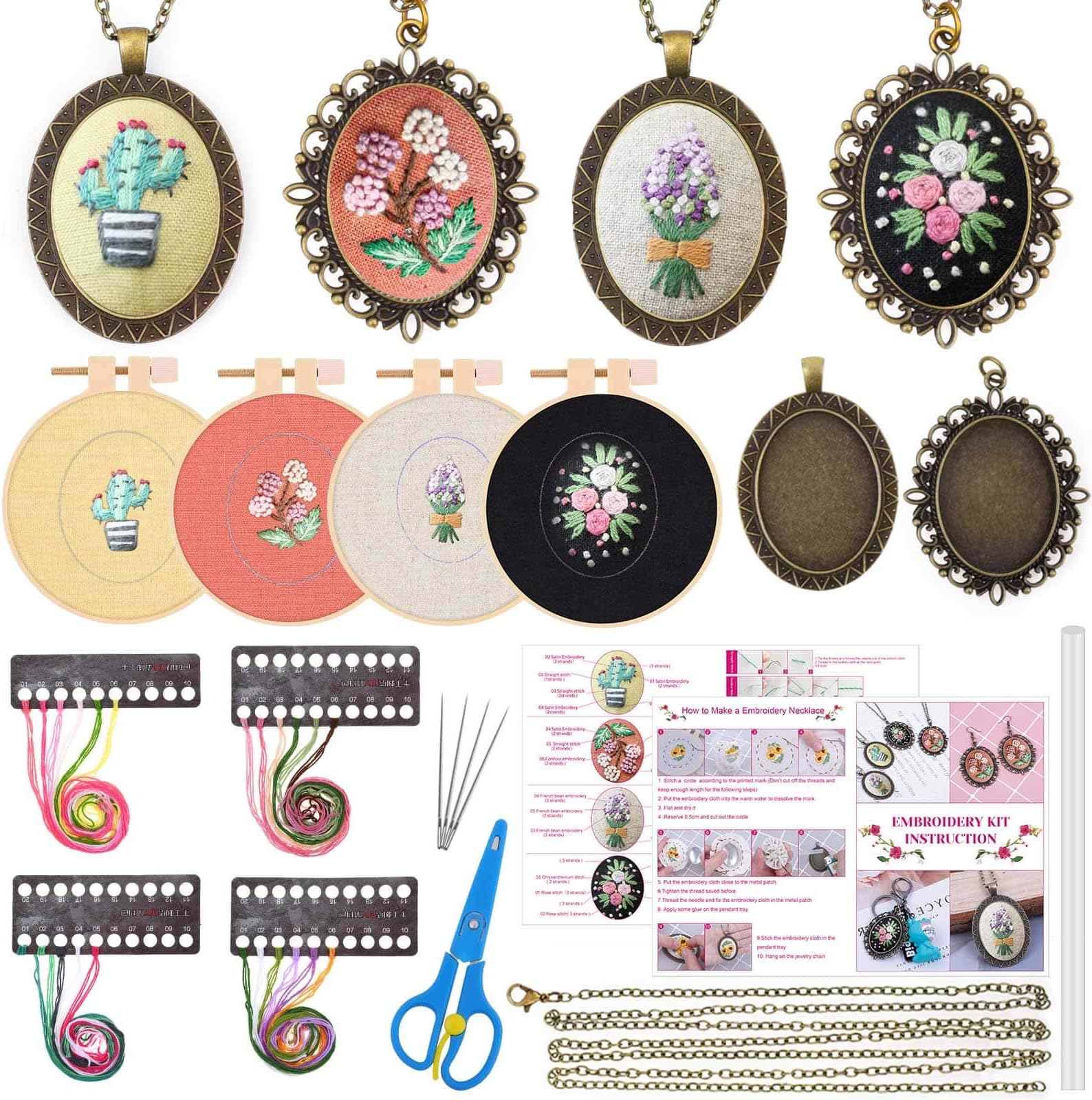 shynek 4 Packs Embroidery Kit for Beginners, 26 Pcs Mini Cross Stitch Kits Includes Stamped Embroidery Clothes with Flowers Pattern Embroidery Necklace Pendant Embroidery Hoops and Necklace Chains