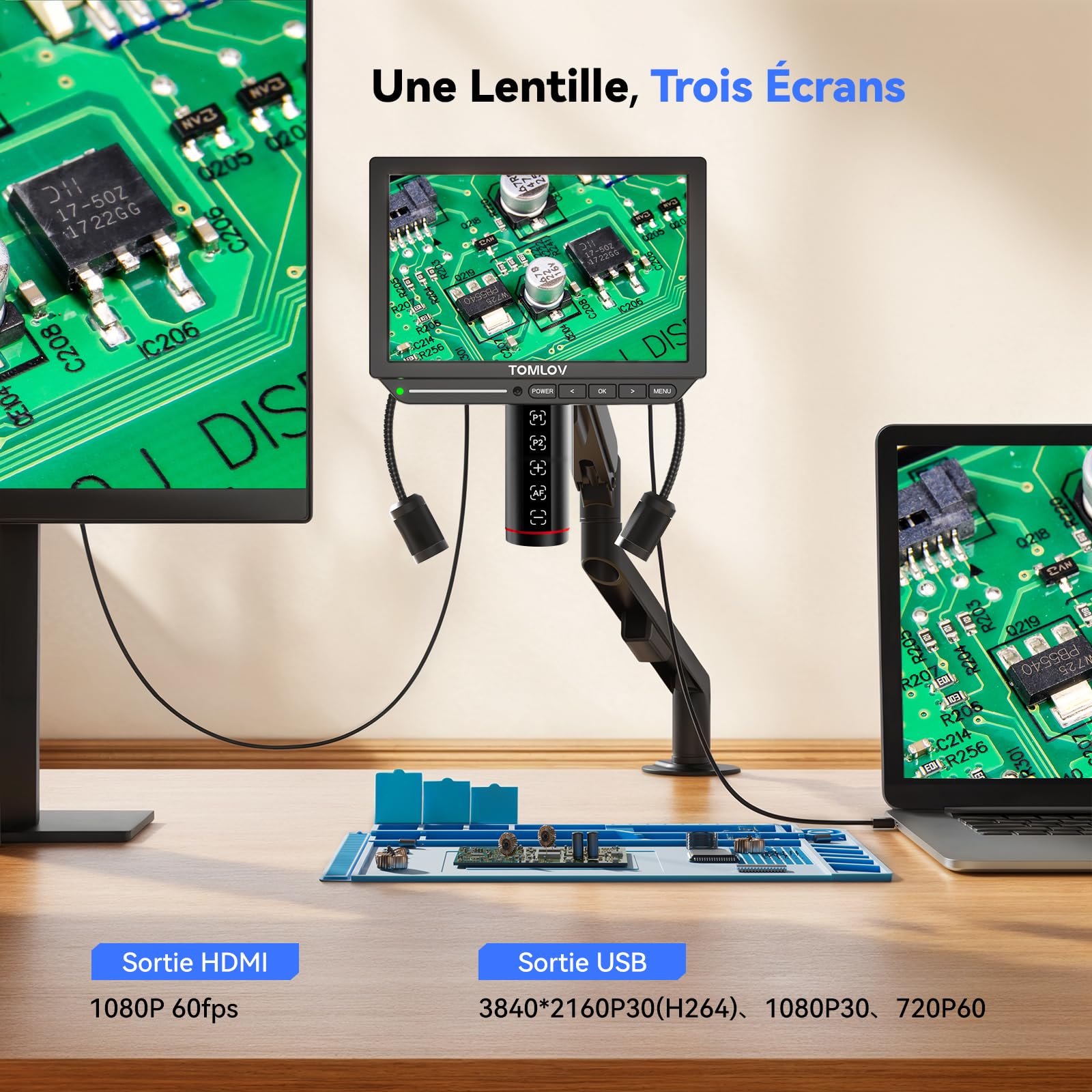 TOMLOV TM4K-AF Flex Microscope Numérique Autofocus 4K HDMI, Écran de 8" IPS avec Bras Flexible, Loupe Professionnel 2000X pour Pièces et Soudure, Tapis de Soudure, Lumières Latérales, Carte 64 Go