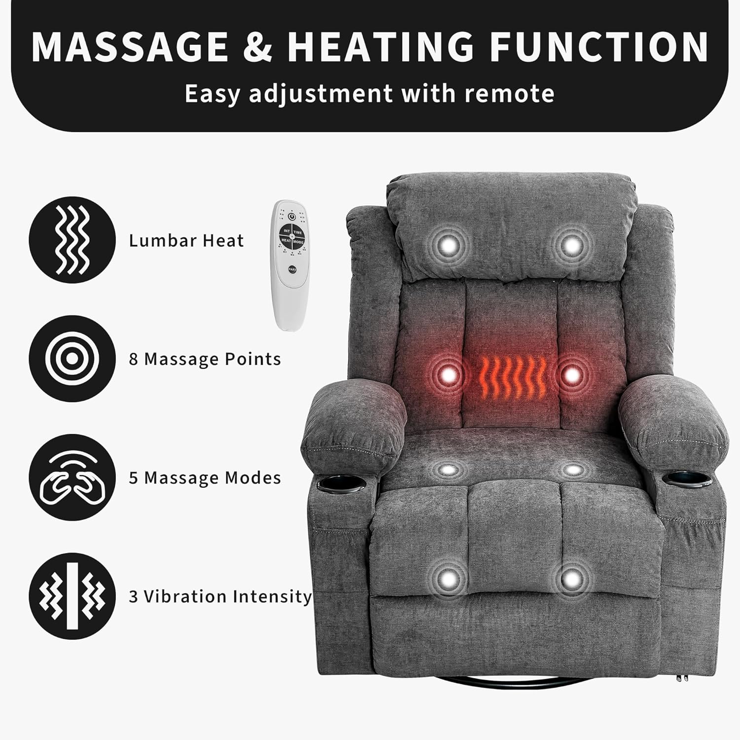 Rocker Recliner Chair with Heat and Massage, 360° Swivel Oversized Recliner for Adults, Single Sofa Seat with 3 Positions, 2 Side Pockets, Cup Holders, and USB Ports, Lazy Boy Recliner (Large, Grey)