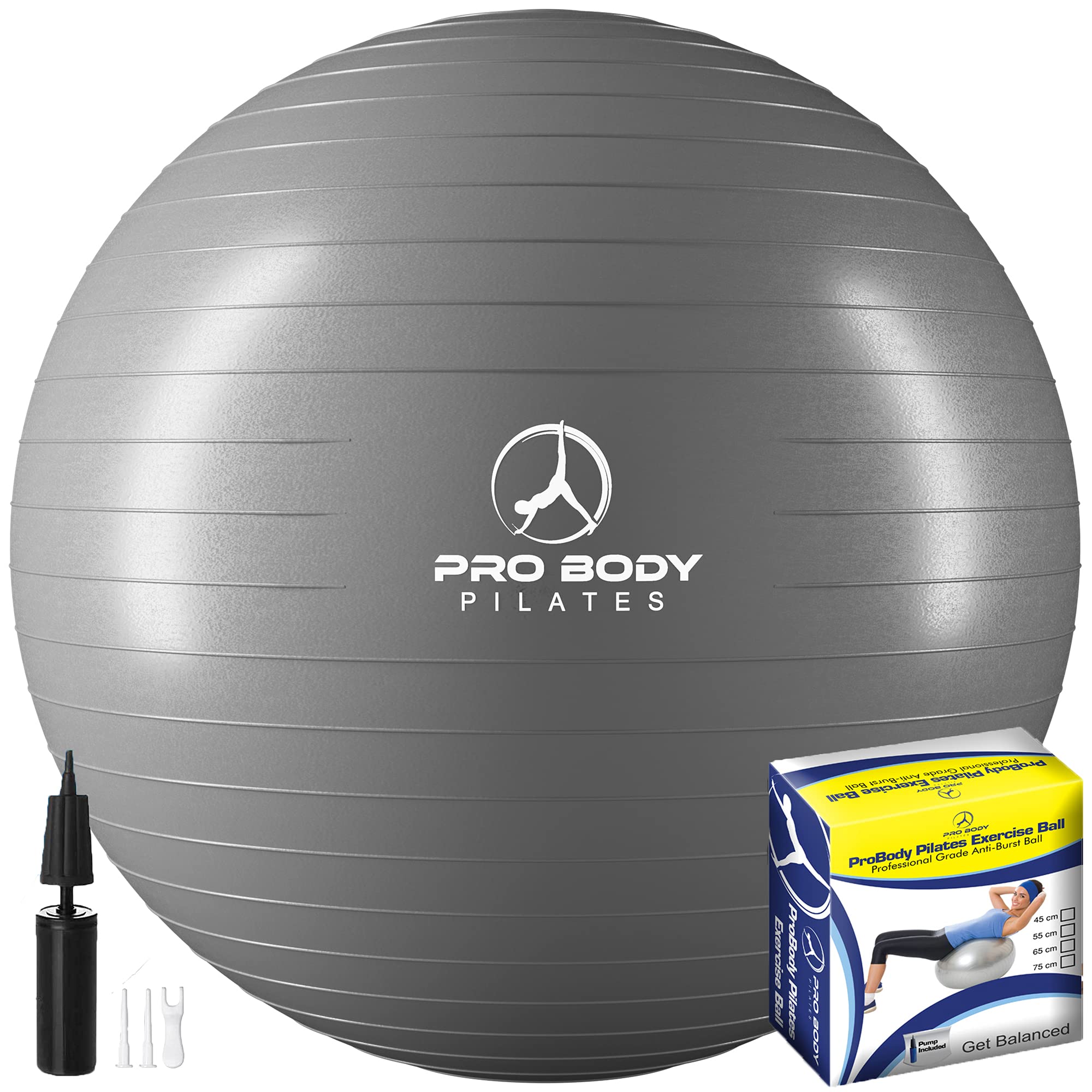 ProBody Pilates Exercise Ball - Professional Grade Anti-Burst Swiss Ball for Pilates, Yoga, Training and Physical Therapy - Silver (55cm Dia)