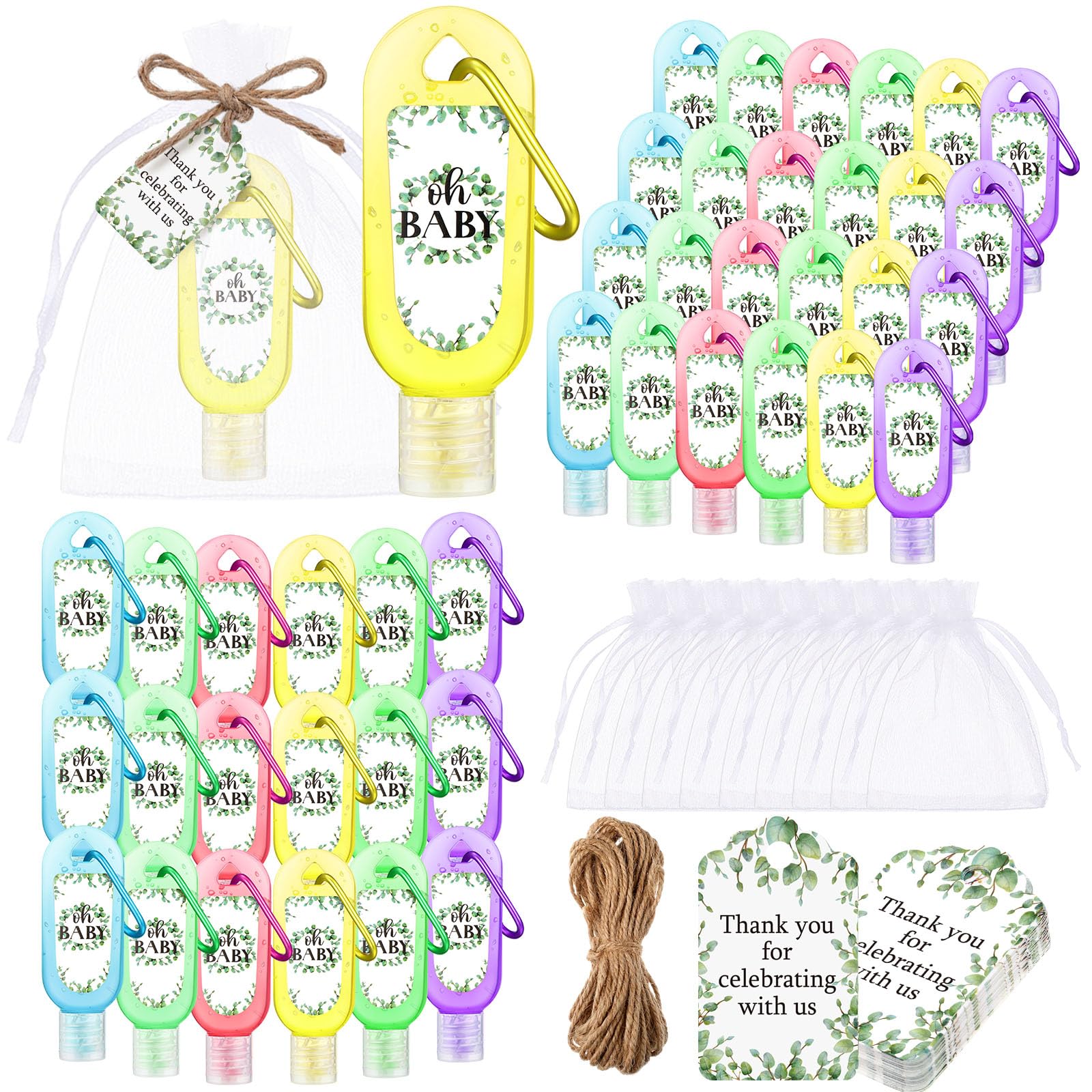 Gejoy 48 Sets Baby Shower Hand Sanitizer Bulk Baby Shower Party Favors for Guests Travel Size Hand Sanitizer Keychains with Organza Bags Thank You Paper Tag Gifts Set for Baby Reveal Party Supplies