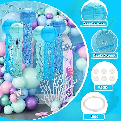 Miniatura 3 de Linternas de papel de medusa, decoraciones de fiesta bajo el mar, paquete de 6 con cuerda y ganchos, colgante de jalea para sirena, temática del