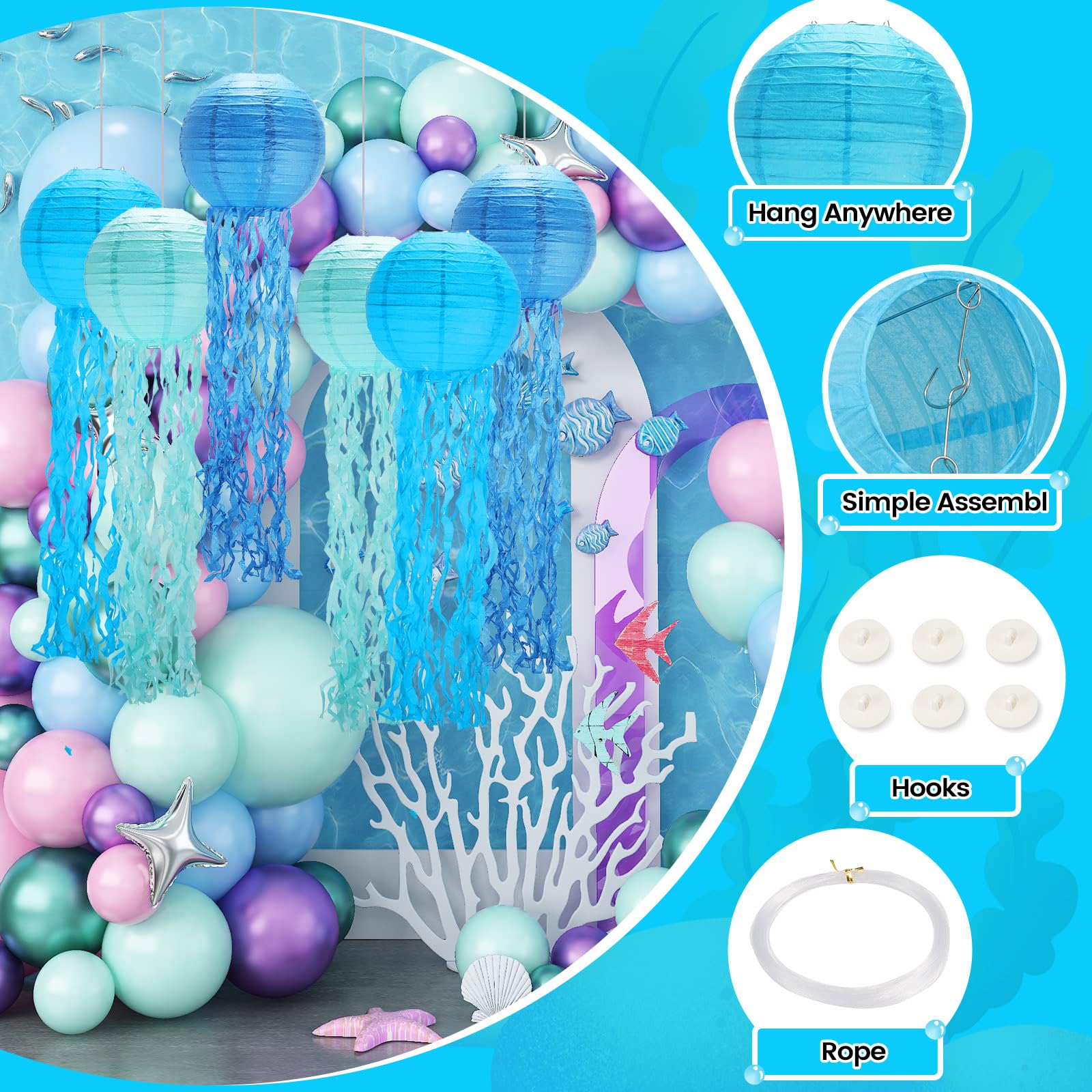Faroles de papel de medusas, decoraciones para fiestas bajo el mar, paquete de 6 con cuerda y ganchos, colgante de jalea para sirena, temática oceánica, cumpleaños, fiesta (azul 8 pulgadas) 3