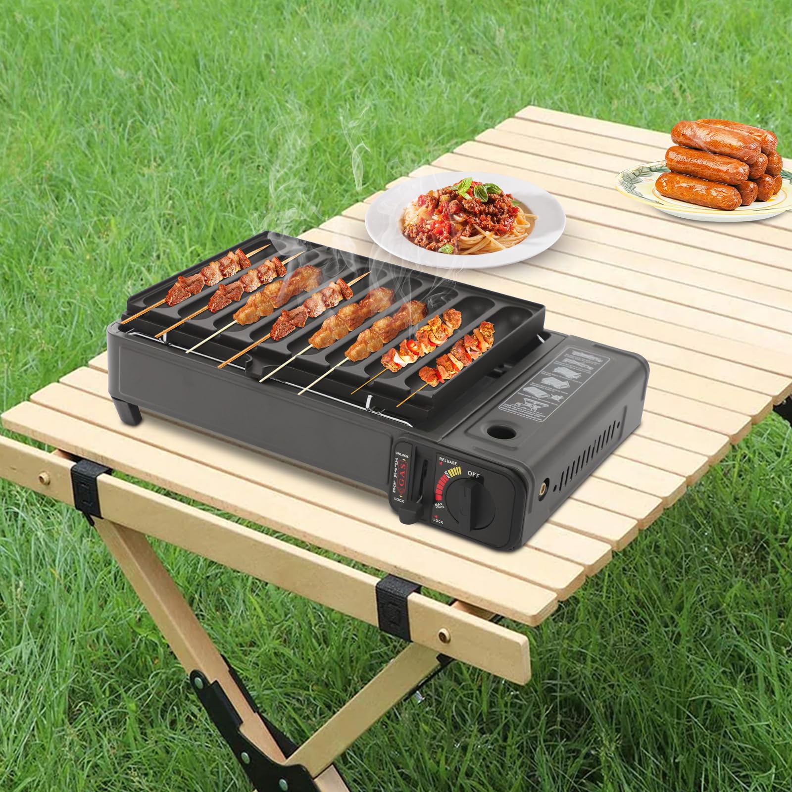 Fornello a gas portatile, 2,2 KW, con accensione piezo e sistema di sicurezza, fornello a gas per cartuccia butano con piastra di cottura e valigetta per il trasporto, per campeggio, giardino, picnic