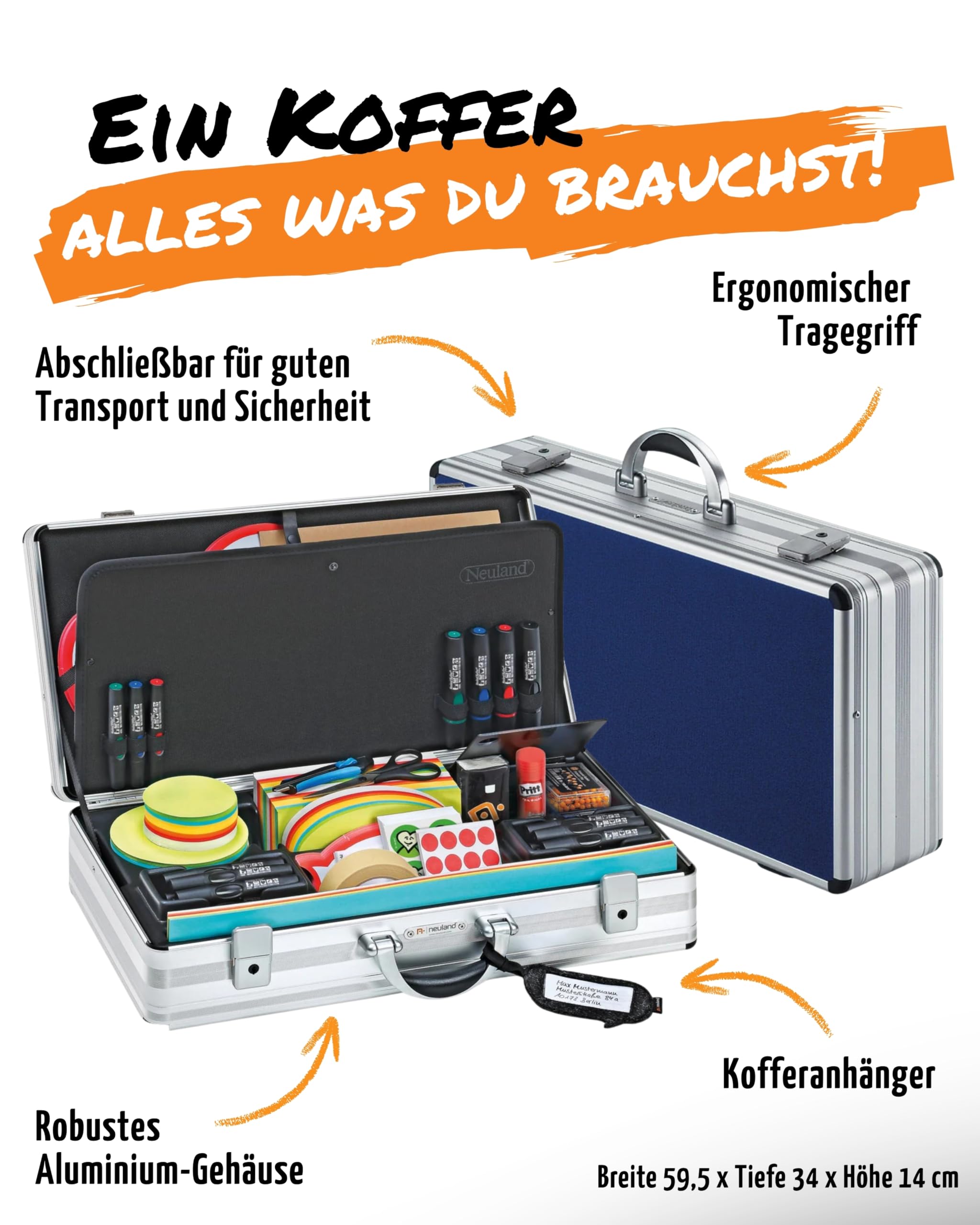 Neuland ModCase Moderationskoffer mit Inhalt I Präsentationskoffer mit 500 Moderationskarten, 25 Flipchart Markern & mehr I Aluminium Koffer inkl. Flipchart Zubehör Set für Workshops & Trainings