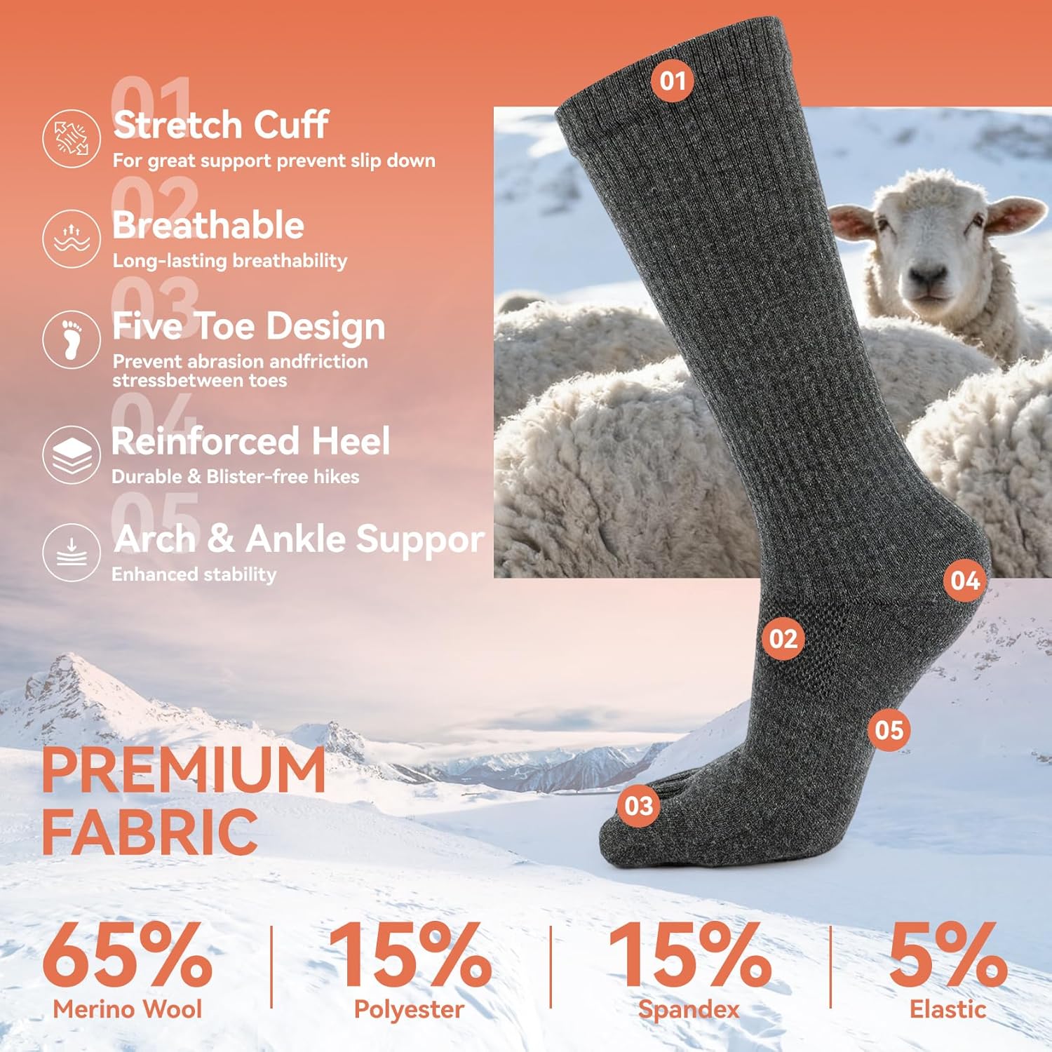 Merino Wool Toe Socks For Men And Women Hiking Crew Socks Moisture Wicking Five Toe Design,2 Pairs - Image 3
