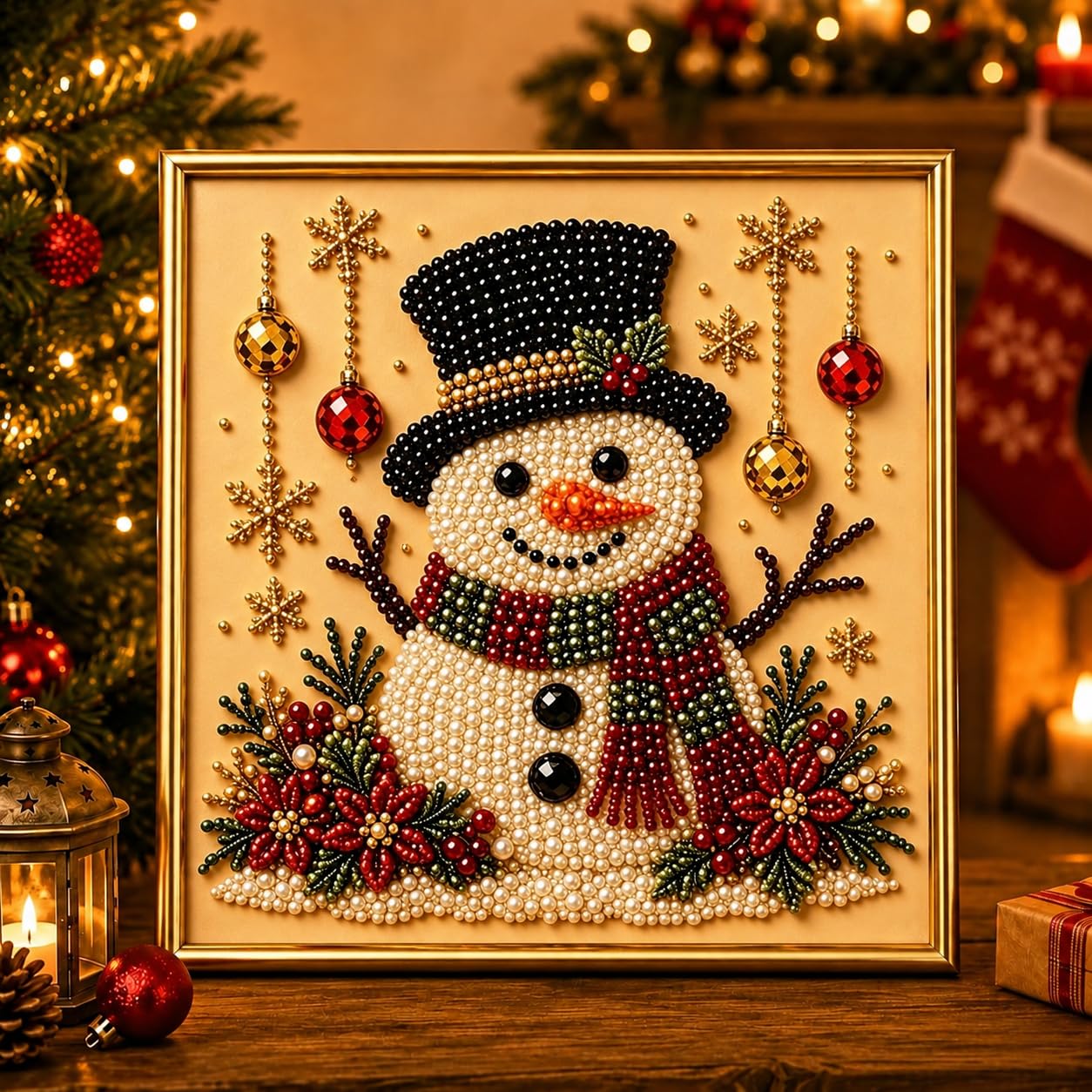 DIY Christmas Pearl Diamond Art Painting Kit with Frame,Christmas Pearl Beads Art Craft for Adults & Beginners,Gemstone Diamond Dots Beads Painting for Home Wall Decor,Beginner DIY Seasonal Party Gift