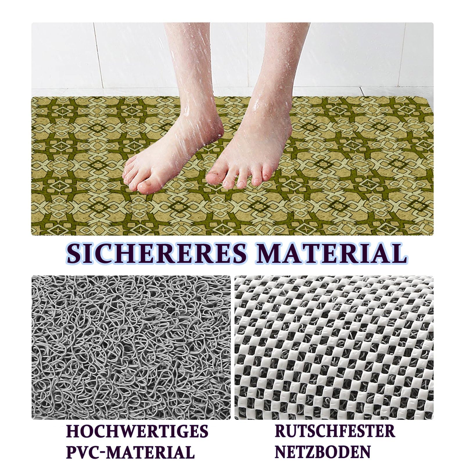 Alfombrilla de ducha antideslizante para ducha, 50 x 80 cm: suave y cómoda, de PVC, antideslizante, de secado rápido, color caqui