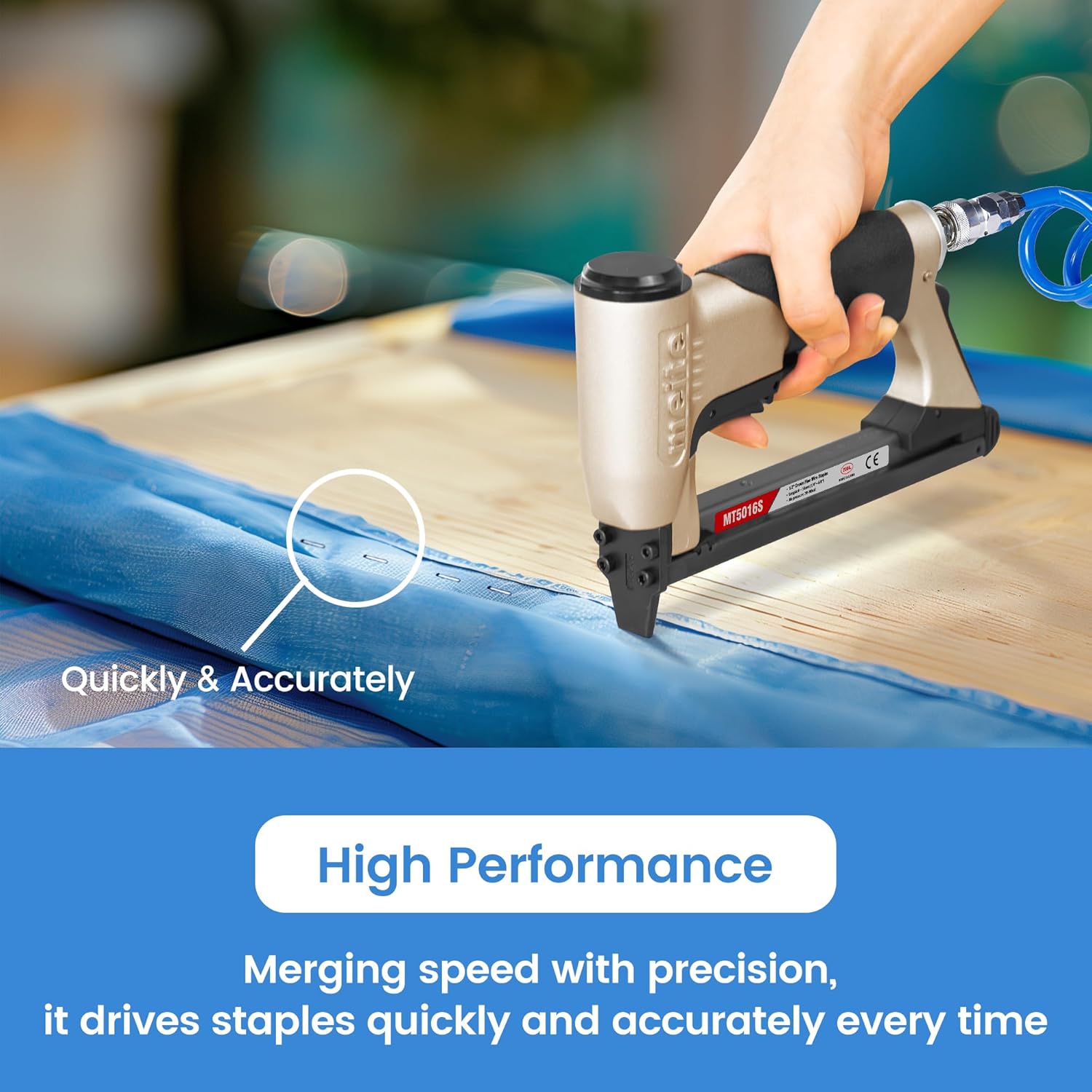 meite Upholstery Stapler with Safety Trigger, for 20 Gauge 1/2-Inch Crown Staples, Heavy-Duty Pneumatic Staple Gun for Woodworking, Professional and DIY Projects (Model MT5016S)