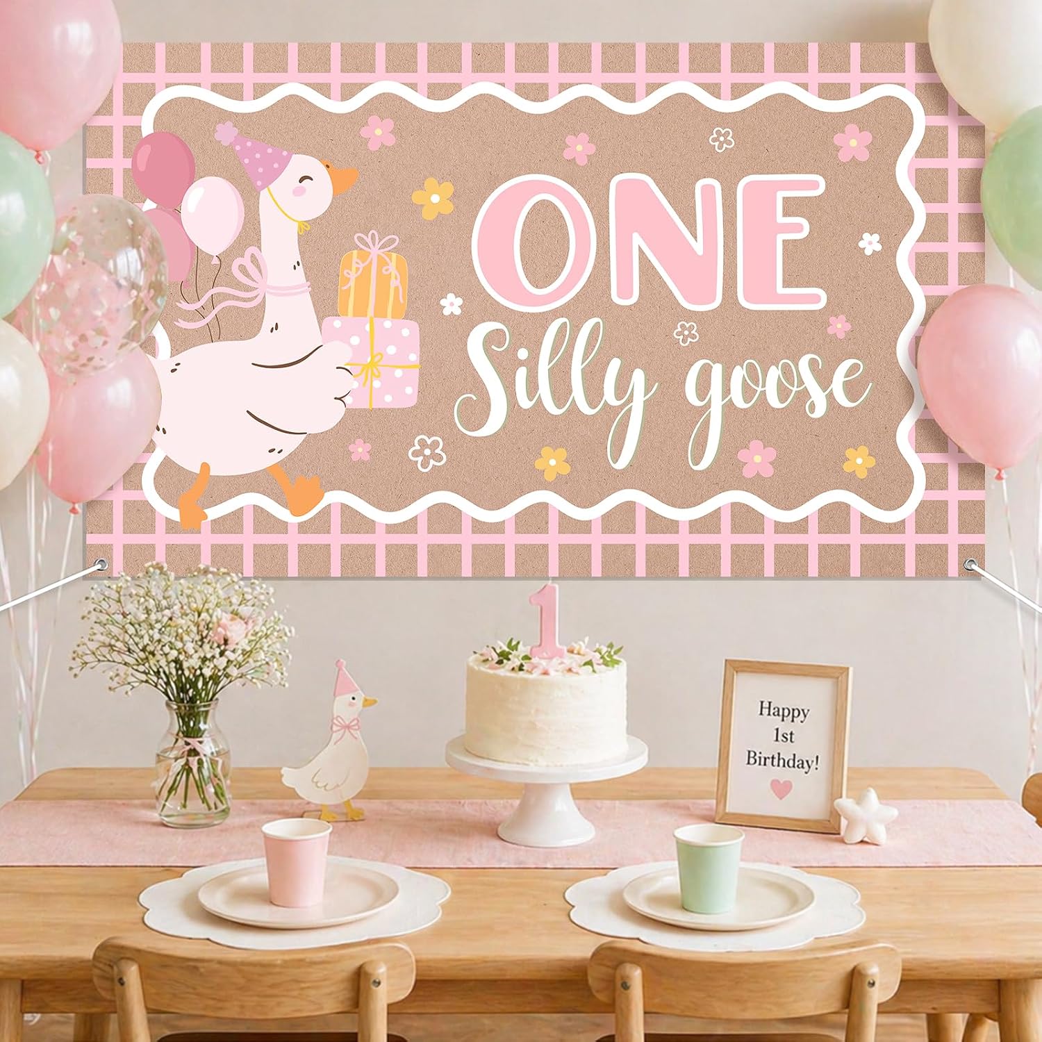 One Silly Goose Birthday Backdrop, 6.1 x 3.6 ft Pink 1st Birthday Decor Girl, Polyester One Silly Goose Banner for Cake Smash, Baby Shower, Nursery Decor, Large Silly Goose Birthday Party Supplies