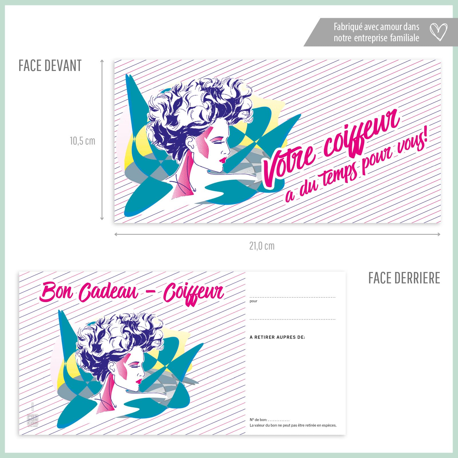 POS BON - 100 bons cadeaux à remplir avec enveloppe/nœud ruban - formulaires imprimés pour des salons de coiffure K9001F-2-100-V2