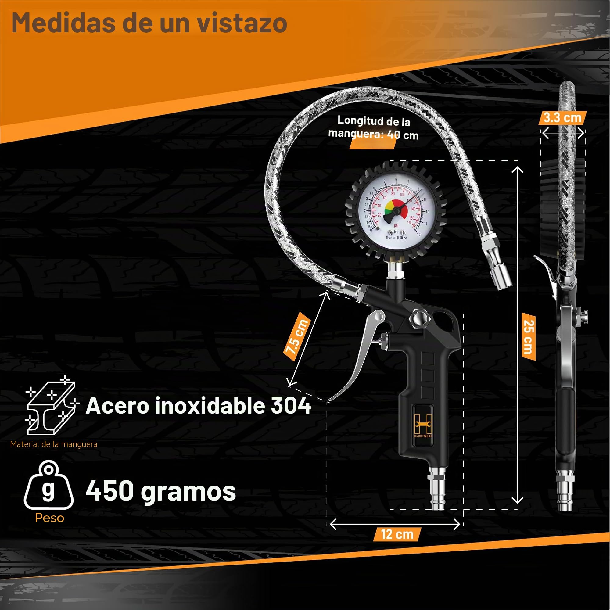 Hardtwerk Manometro Presion Neumaticos | Rango de medición del manómetro:170PSI 12 bar | Tubo de acero inoxidable 304 | manómetro para coches, motos, coches y camiones