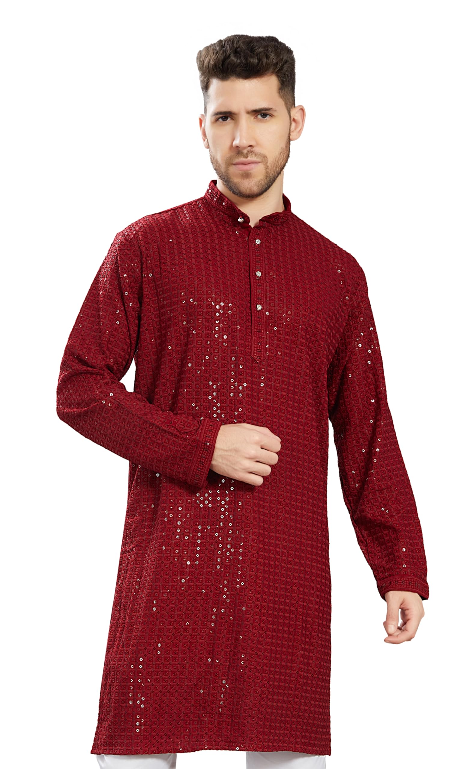 Divisive Men's Sequince Embroidered Cotton Blend Only Slim Fit Kurta (Dkrt742_L_Maroon)