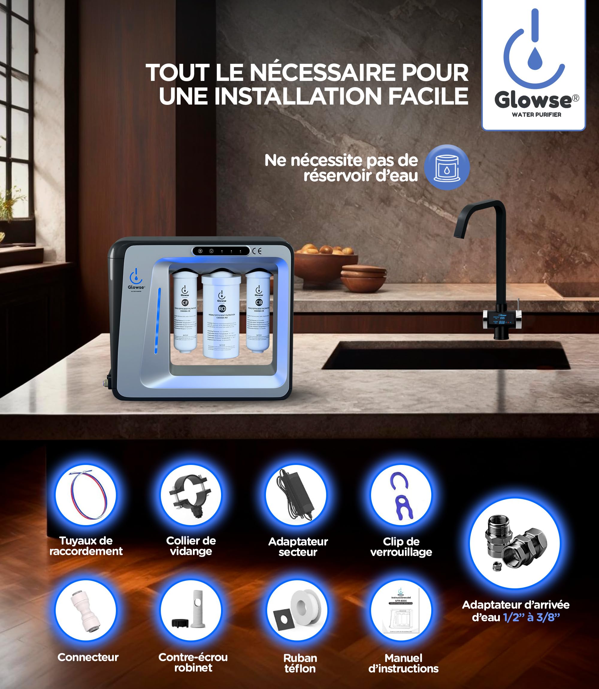 PR600 Osmoseur Inverse Domestique 7 Étapes Sans Réservoir Sous Évier | Sans réservoir, sous évier, robinet digital TDS, alerte changement filtre, installation facile