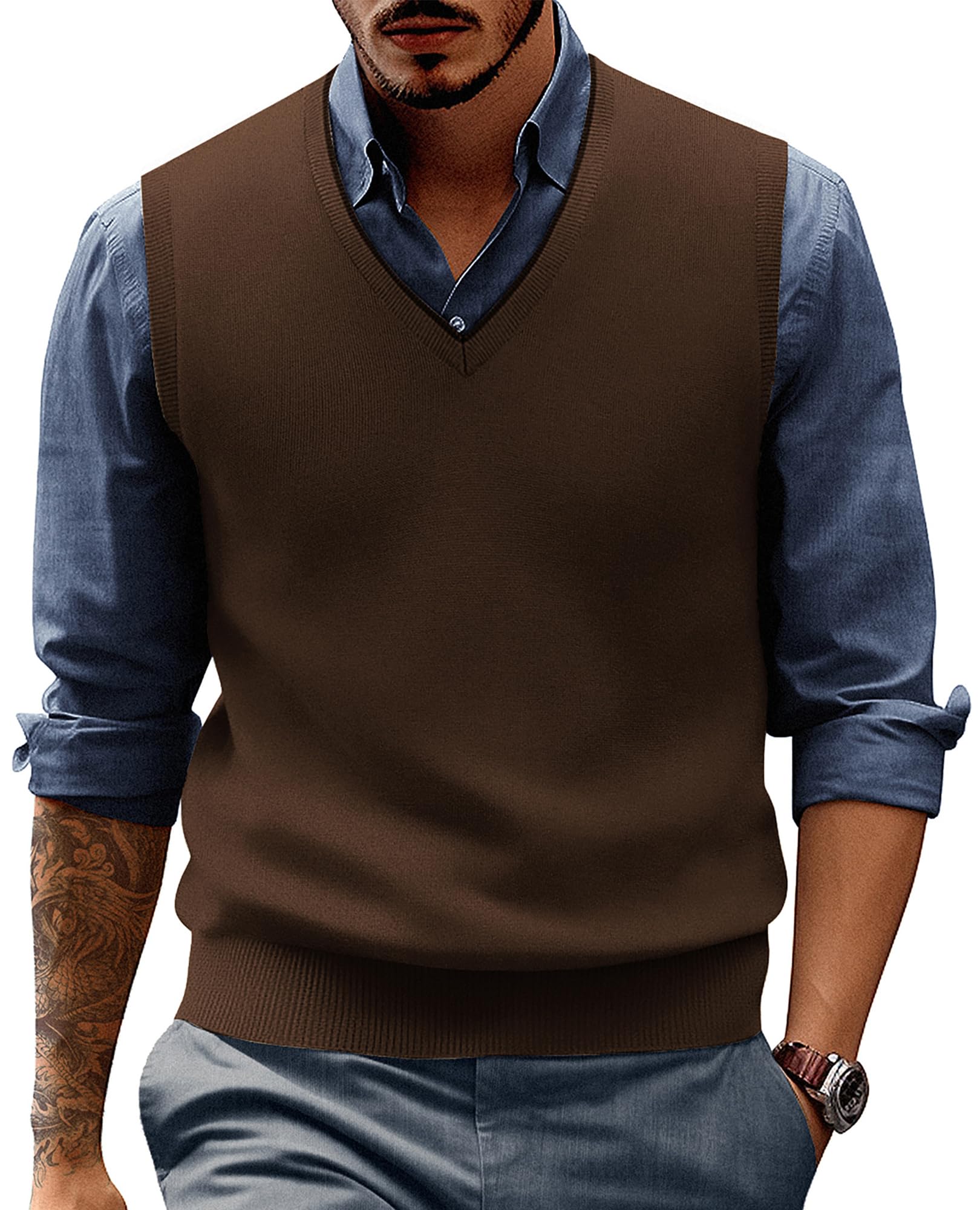 pj paul jones Mens Sweater Vest Wool Blended Knitted Vest Sweaters V-Neck Sleeveless Pullover Vests, Coffee, Medium-picture-53