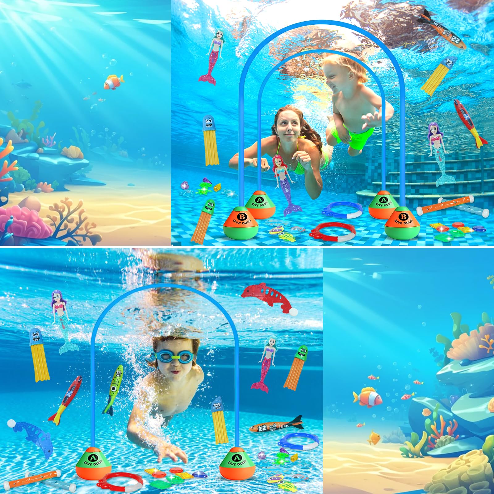Jouets de Plongée Piscine 43 PCS Jeux Piscine Enfant Anneaux Piscine Set avec Anneaux de Plongée Torpedo Bandits Bâtons de Plongée pour Jeux sous-Marins et Fêtes d'été en Piscine