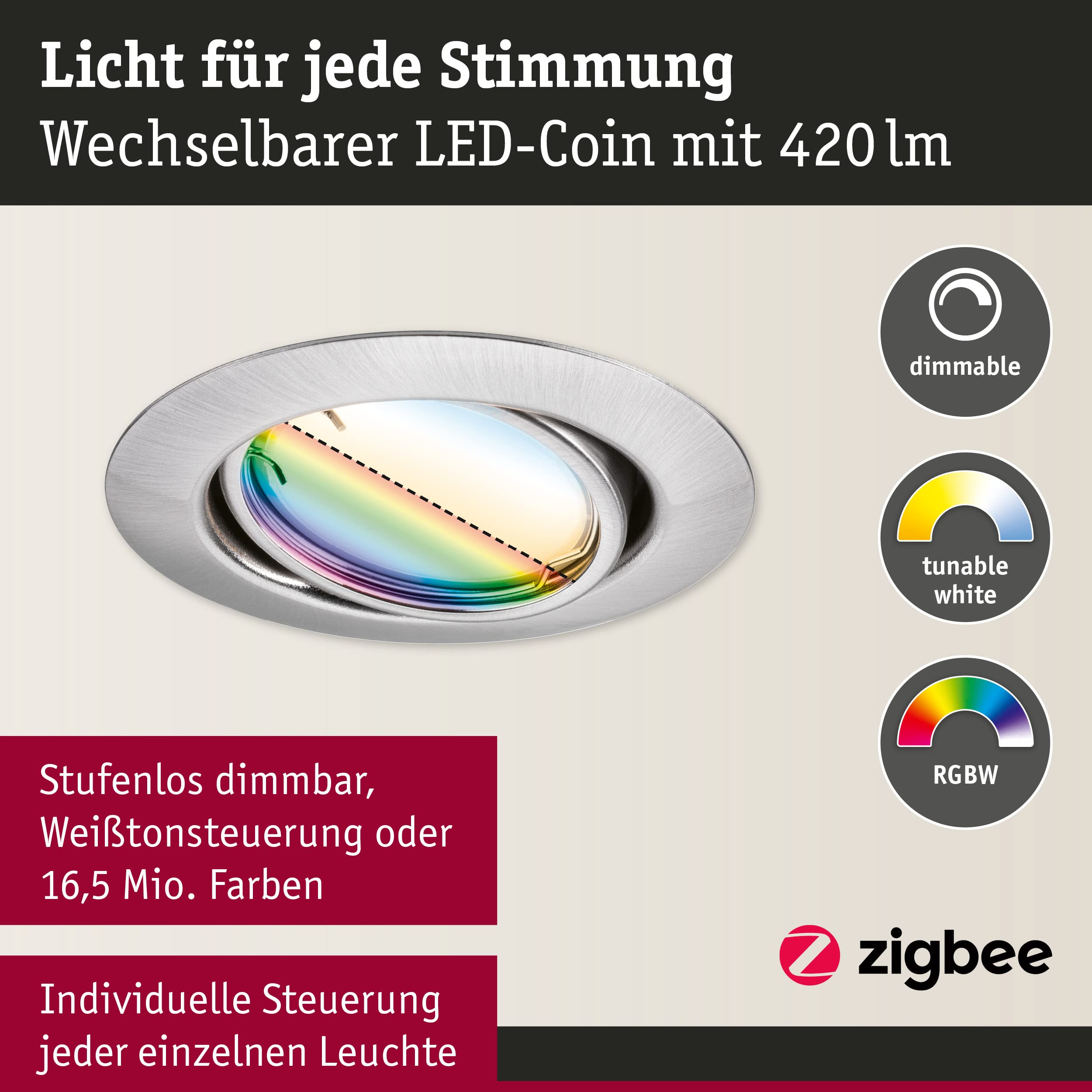 Paulmann 92467 LED Einbauleuchte Base Smart Home Zigbee Basisset schwenkbar rund 230V 3x4,9W 3x420lm dimmbar 90mm Eisen gebürstet Metall RGBW+