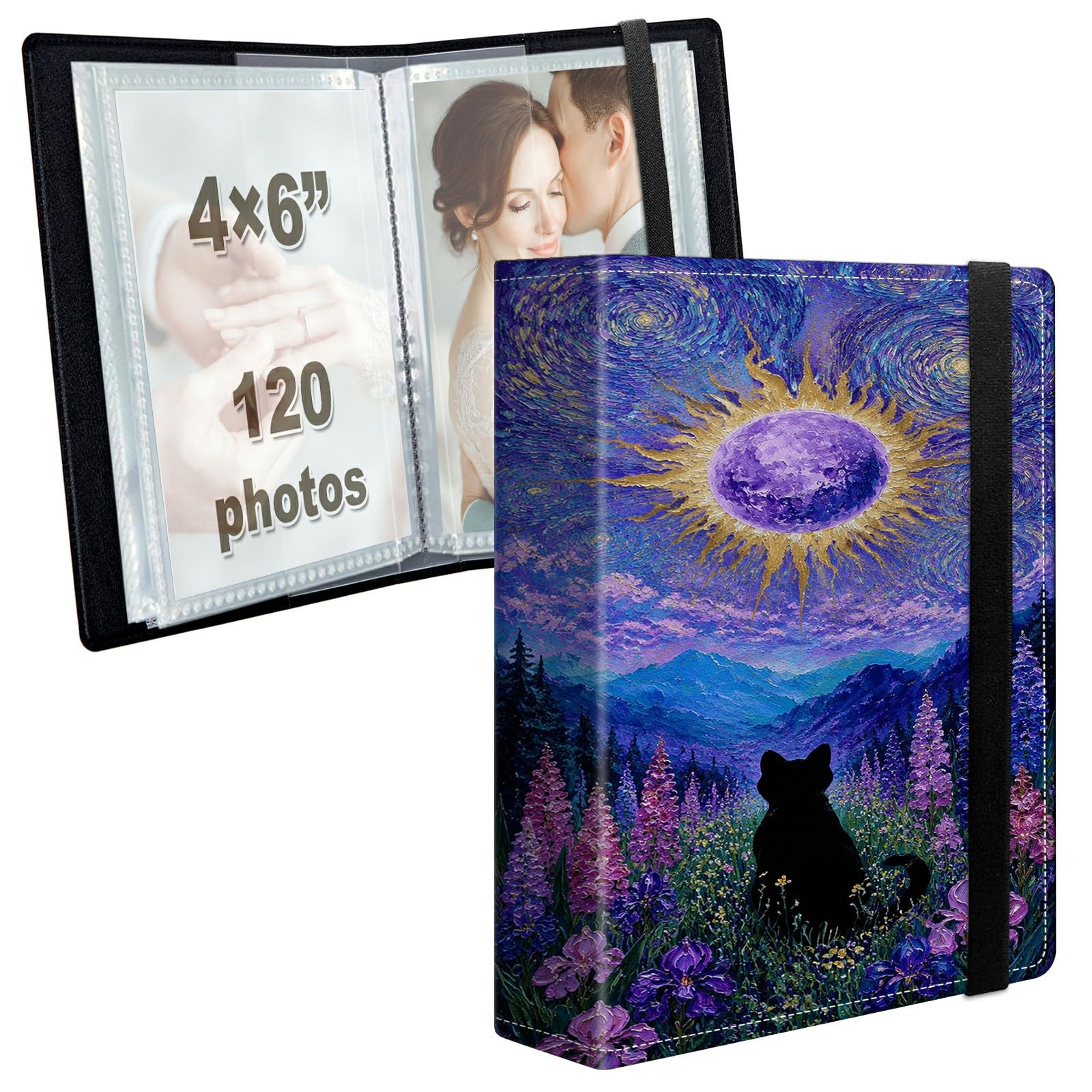 Photo Album 4x6 120 Photos with Strong Elastic Band, Moonlit Cat