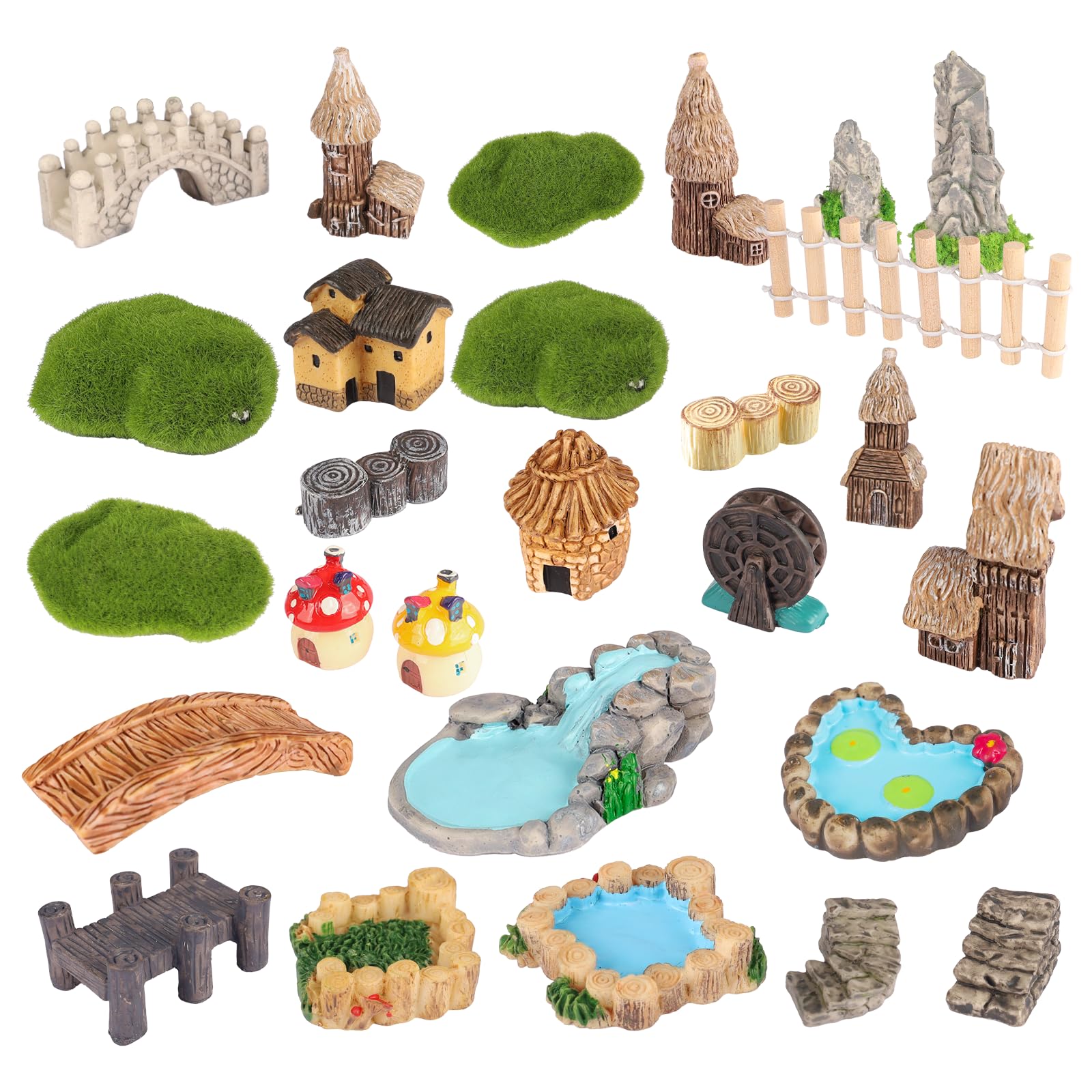 27Pcs Fairy Garden Miniatures Accessories Set,Resin Miniature Garden Ornaments with Houses,Bridges,Mushrooms & Ponds, DIY Outdoor Miniature Gardens Accessory for Terrarium, Bonsai, Dollhouse Decor