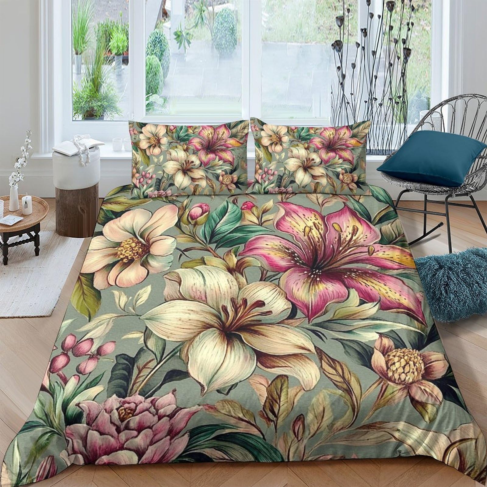 Ctjqhvkz Style-5 3D Printed Tropical Lily Fitted Sheet Microfiber Soft Breathable Vintage Botanical Mattress Cover For Bedroom Guest Room Decor Single（135X200cm）