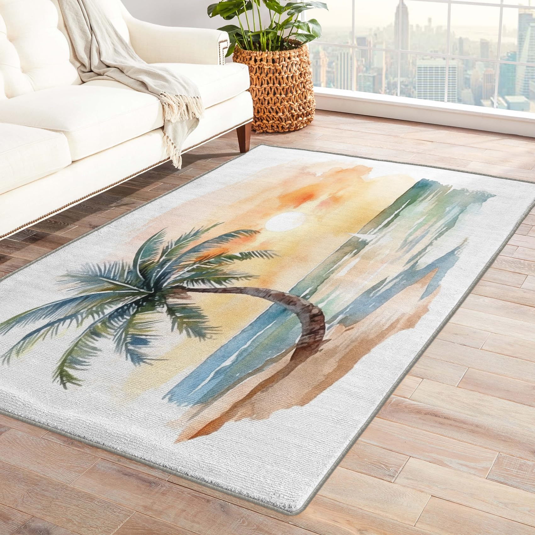 ZDABAOEC Palm Tree Rug, 2x3 Rug, Tropical Area Rugs for Bedroom Living Room Entryway, Sea Beach Patterned Small Rug, Machine Washable Non Slip Indoor