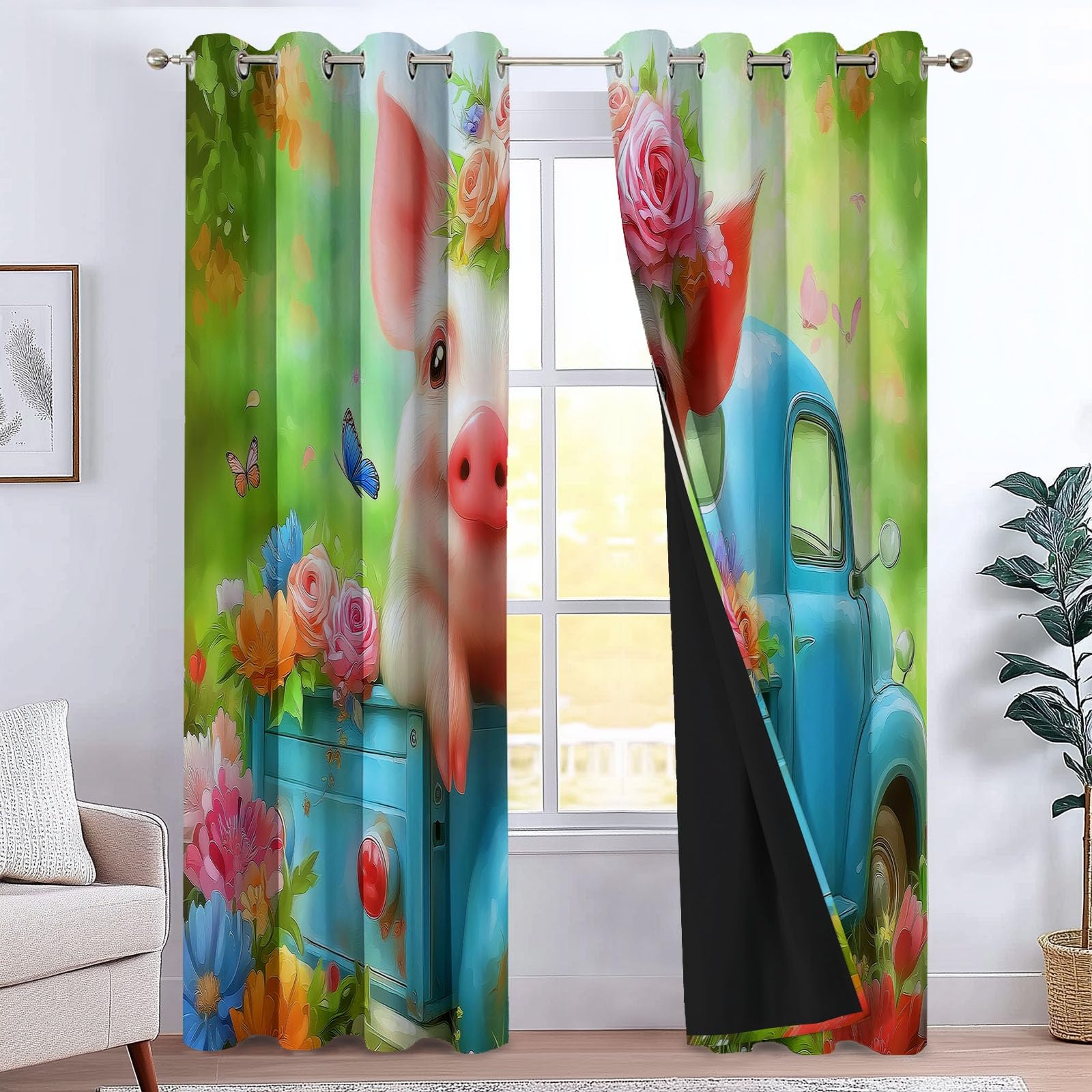 Generico 110 x 215 cm zielone zasłony do wnętrz salon zasłony okienne matowe, świnka, ciężarówka, kwiat, motyl zaciemniające, zasłony z oczkami do sypialni dziecięcej, 2 panele