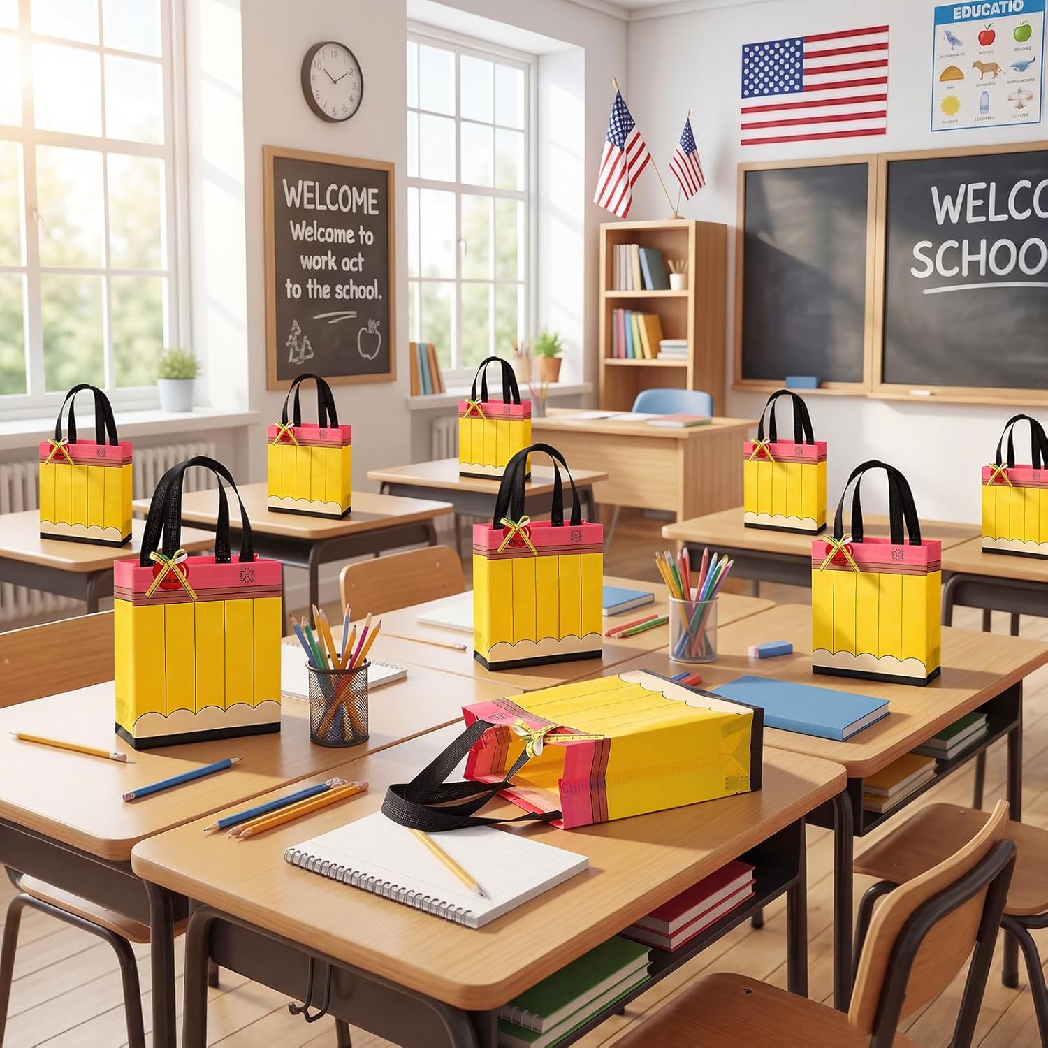 Wesnoy 36 Sets Teacher Gift Bags Graduation Teacher Appreciation Gift Bags with Apple Tags Pencil Goodie Bag for School End of Year First Day Back to School Party Favors(Pencil and Apple)
