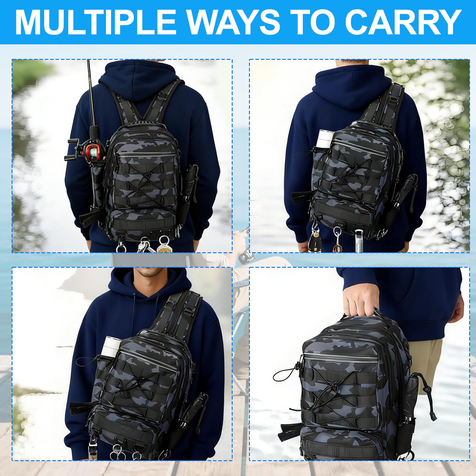 Angelrucksack mit Rutenhalter, Wasserdicht Angeltaschen 18L, Angelausrüstung Rucksack Groß mit Reflektierende Streifen für Angeln, Wandern, Radfahren, 41x18x25cm(Schwarz)