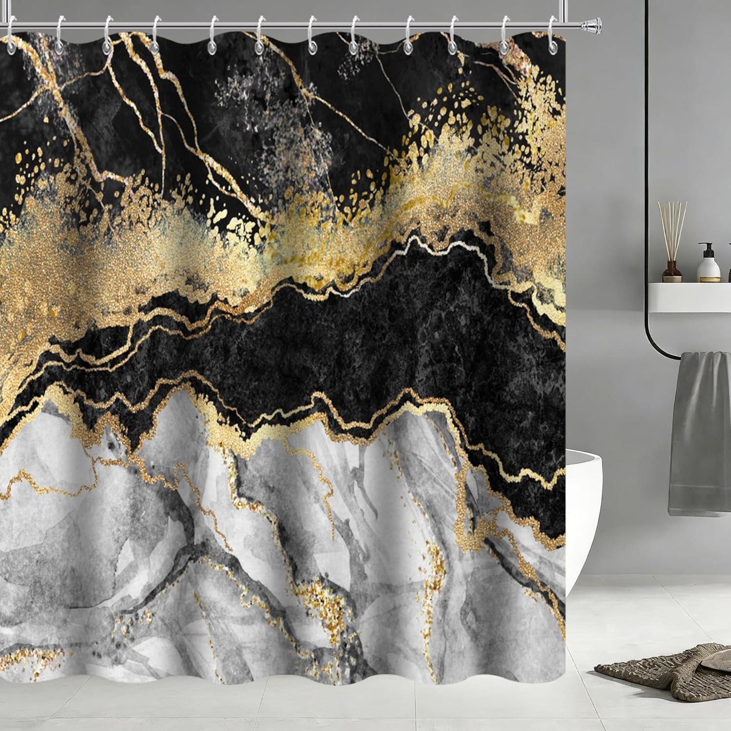 Marble Shower Curtain, Black and Gold Texture Abstract Luxury Shower Curtains for Bathroom Decor Waterproof Fabric Easy Care with Hooks 72x78in