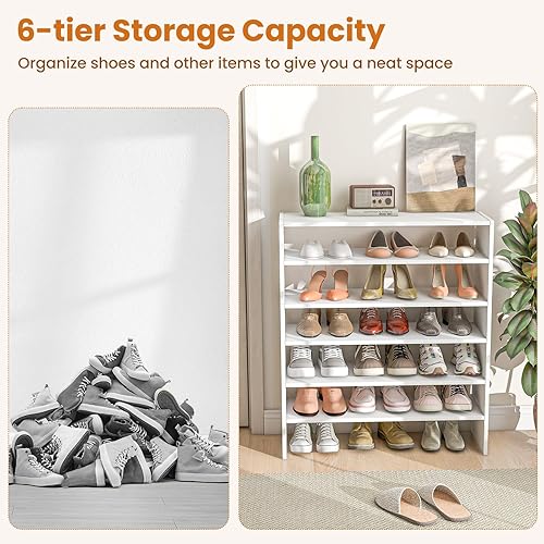 Miniatura 5 de SIMOE Zapatero vertical ajustable 3 en 1, estante de almacenamiento de esquina de madera apilable de 6 niveles para 18 pares, organizador que ahorra