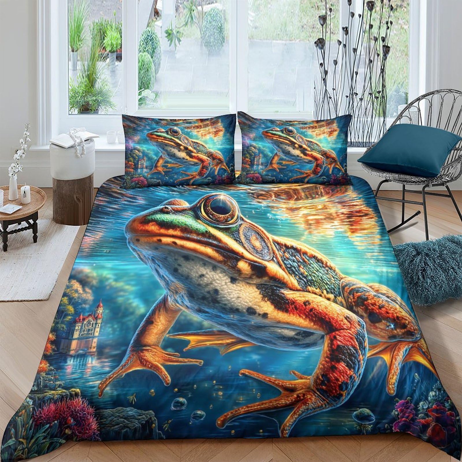 Housse de couette grenouille avec zip discret et 2 taies d'oreiller douces