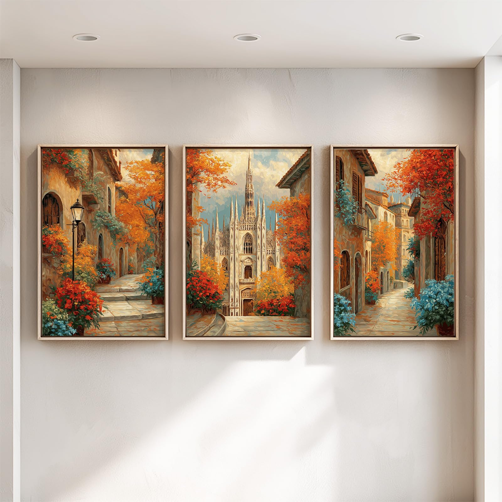 Générique 3 szt. Wydruk na płótnie, pejzaż miejski, dekoracja ścienna, romantyczna jesień sagrada rodzina europejska vintage plakat obrazy do salonu sypialnia wystrój biura 40 x 50 cm