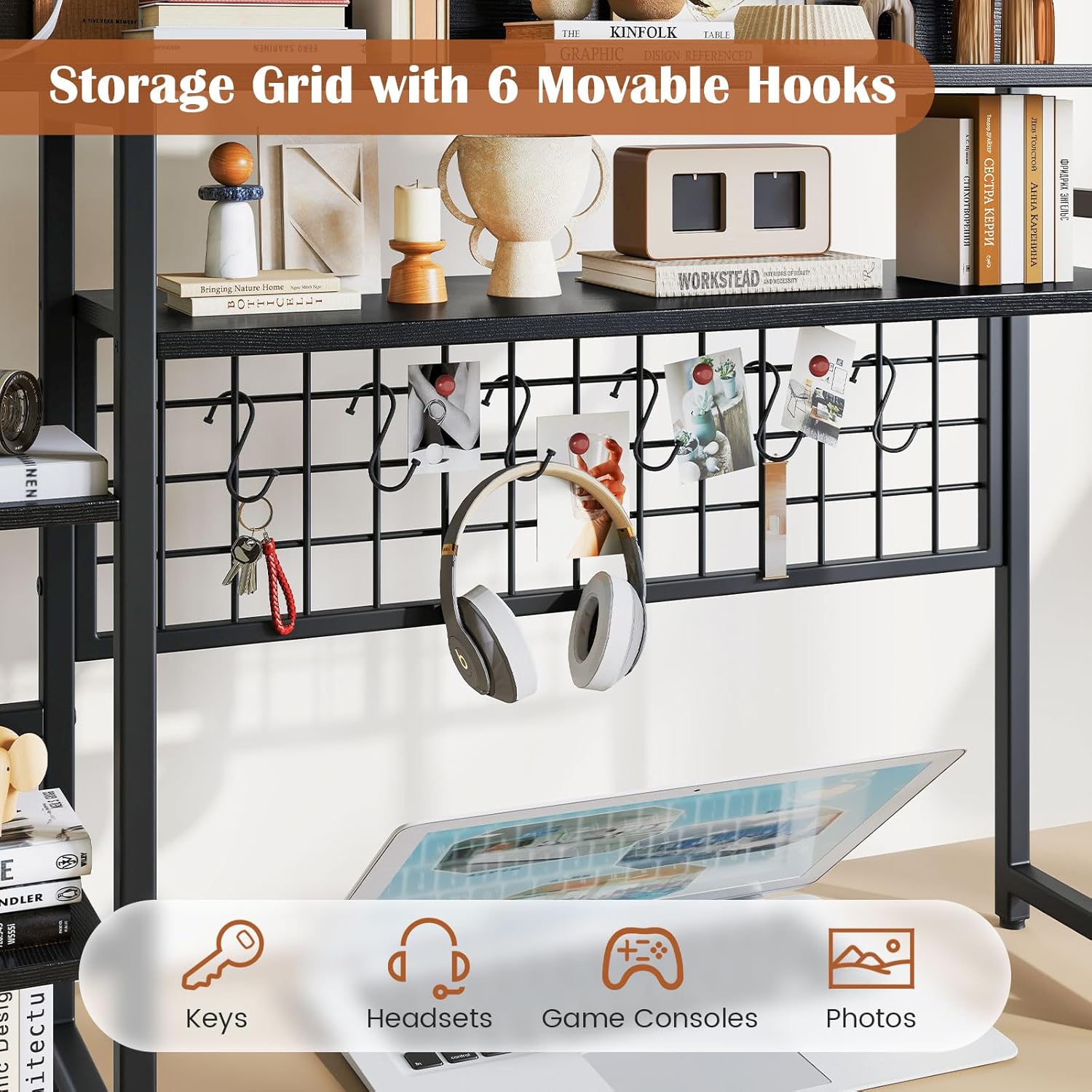 Giantex Desktop Bookshelf, 37" Desk Shelf for Up to 32" Computer Monitors, 4 Tier Desktop Display Shelves with Grid Panel, 6 Movable Hooks, Anti-tip Device, Desk Hutch for Home Office Dorm (Black)