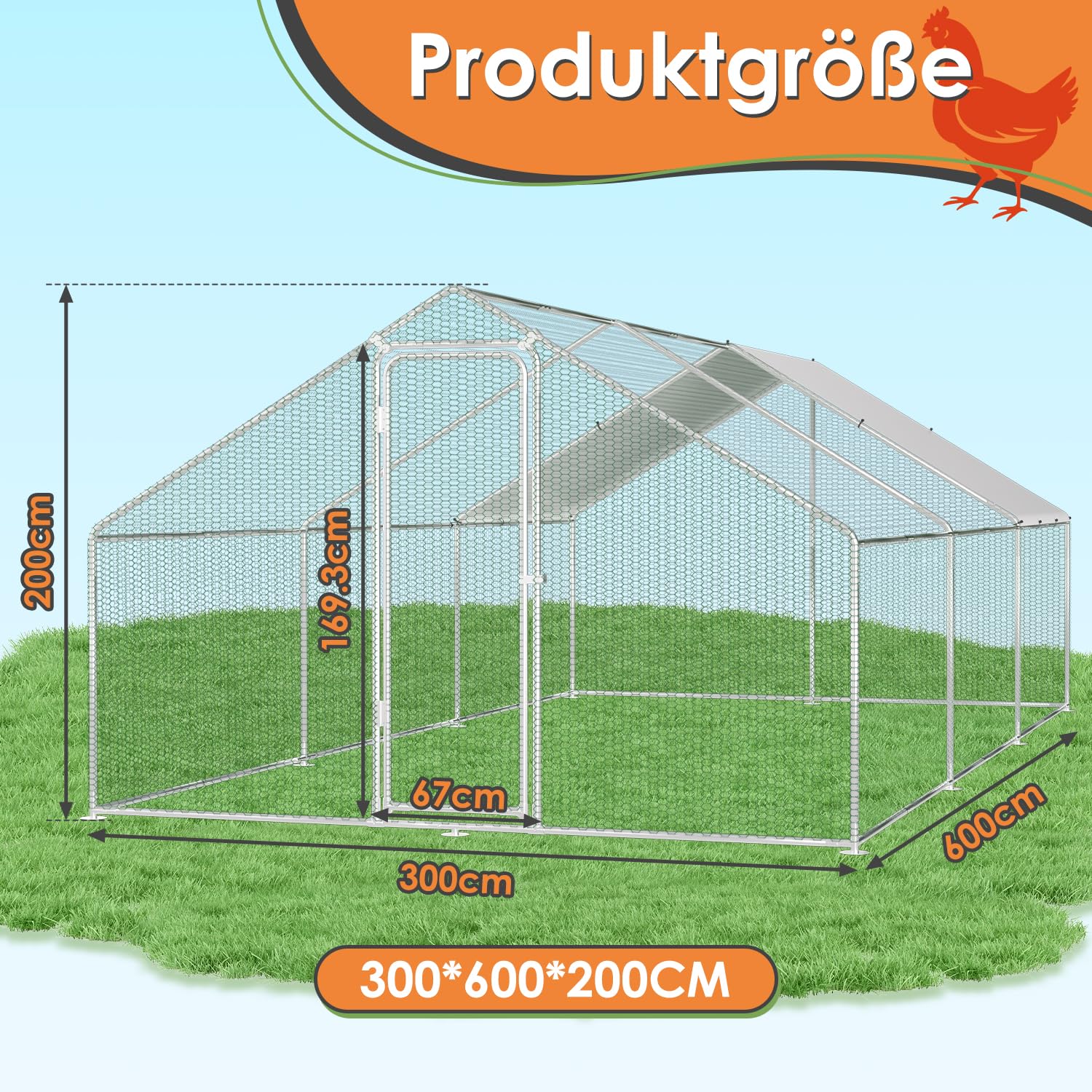Herrselsam Kurnik, klatka dla małych zwierząt, 3 x 6 x 2 m, XXL, wybieg z zamkiem bezpieczeństwa i wodoodporną farbą PE, idealny dla kur i innych małych zwierząt