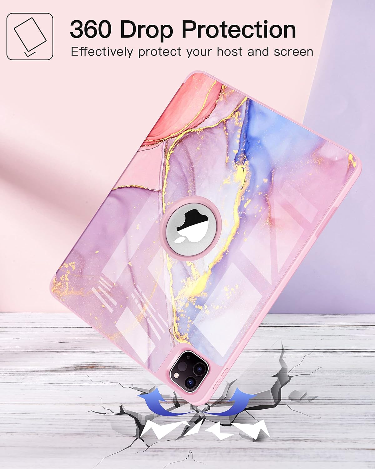 Ztotop Case for New iPad Pro 12.9 Inch 2022/2021 6th Gen/5th Generation with Pencil Holder, Light Weight Marble Shockproof Durability Cover - Trifold Stand & Auto Wake/Sleep- Pink