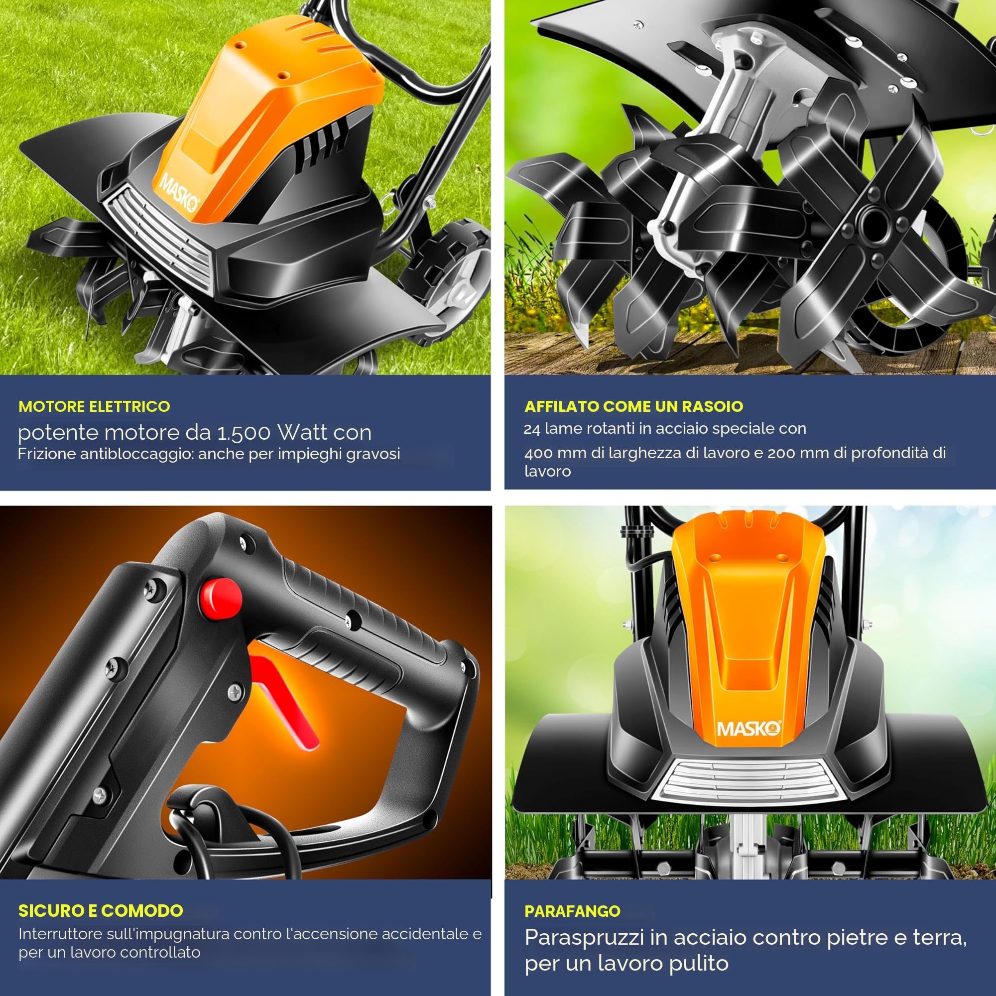 MASKO® Motozappa elettrica 1500W | larghezza di lavoro 45 cm - profondità di lavoro 20 cm | zappatrice per terreno | fresatrice agricola - coltivatore - fresa da giardino | zappatrice elettrica